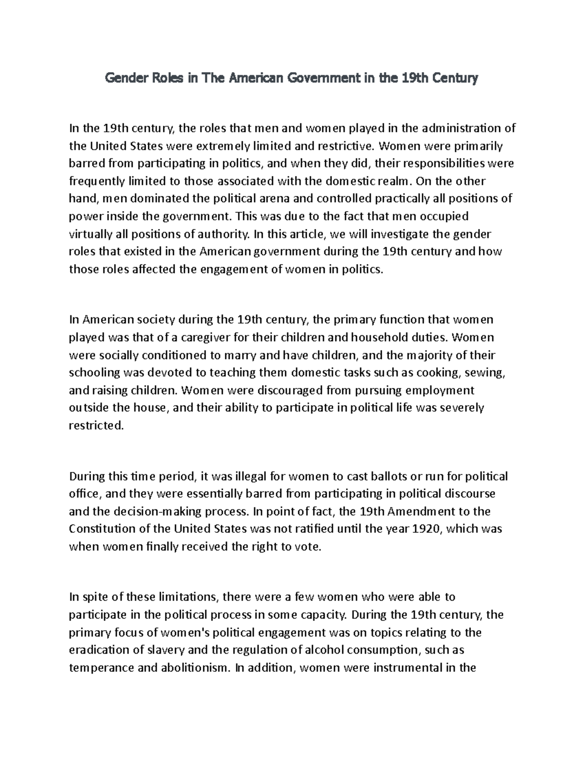 Gender Roles in The American Government in the 19th Century - Women ...