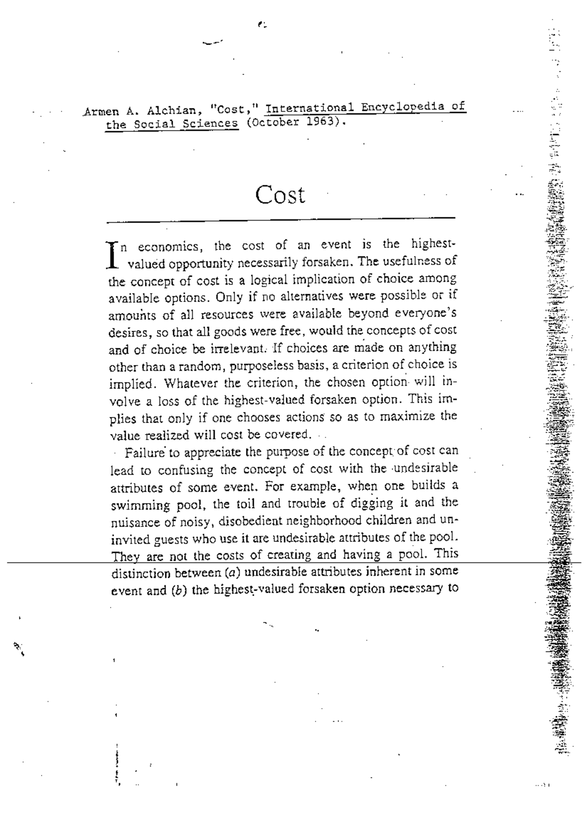 Cost, International Encyclopedia of the Social Sciences Economics