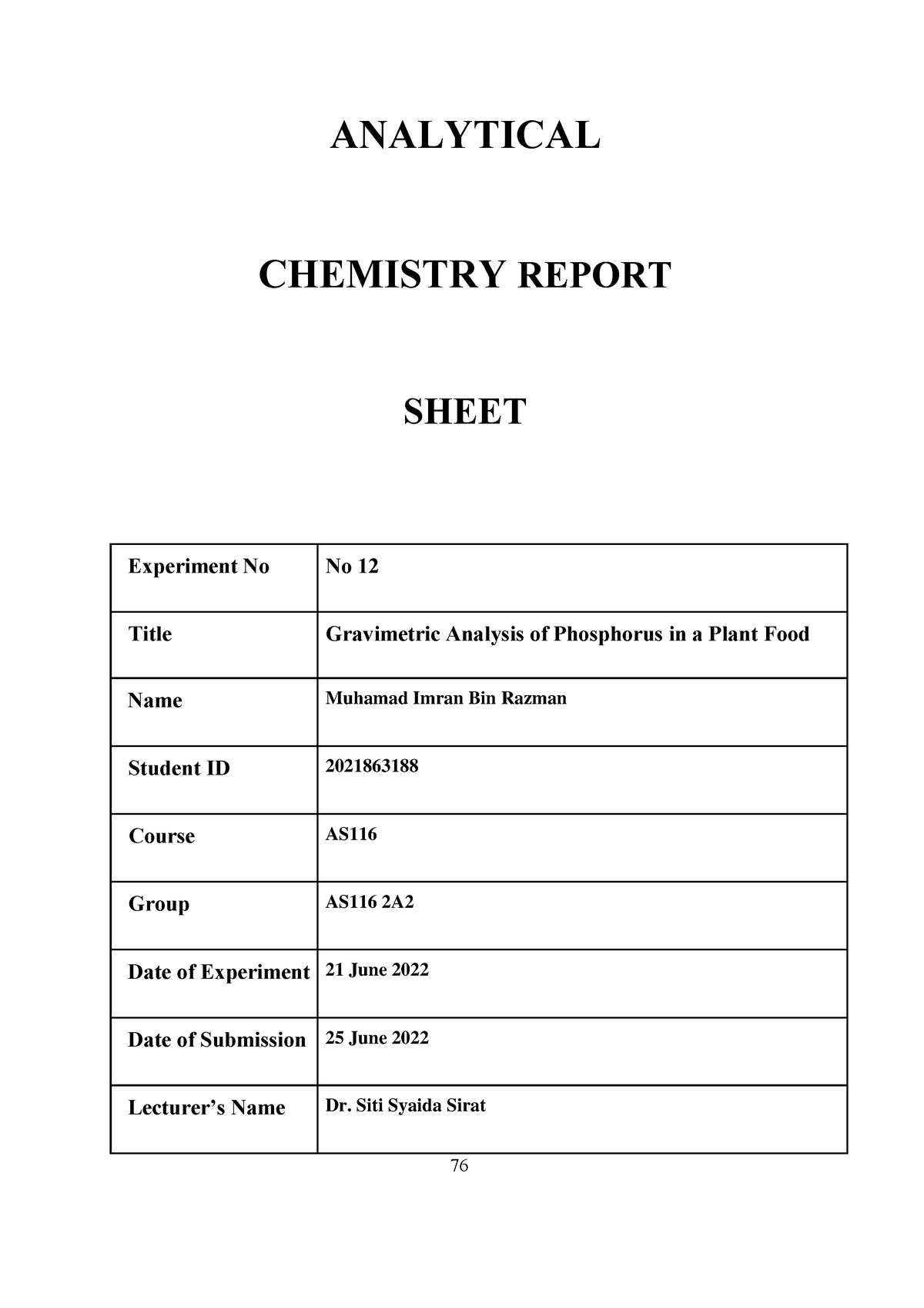 Imran Razman - Lab Report - ANALYTICAL CHEMISTRY REPORT SHEET 76 ...