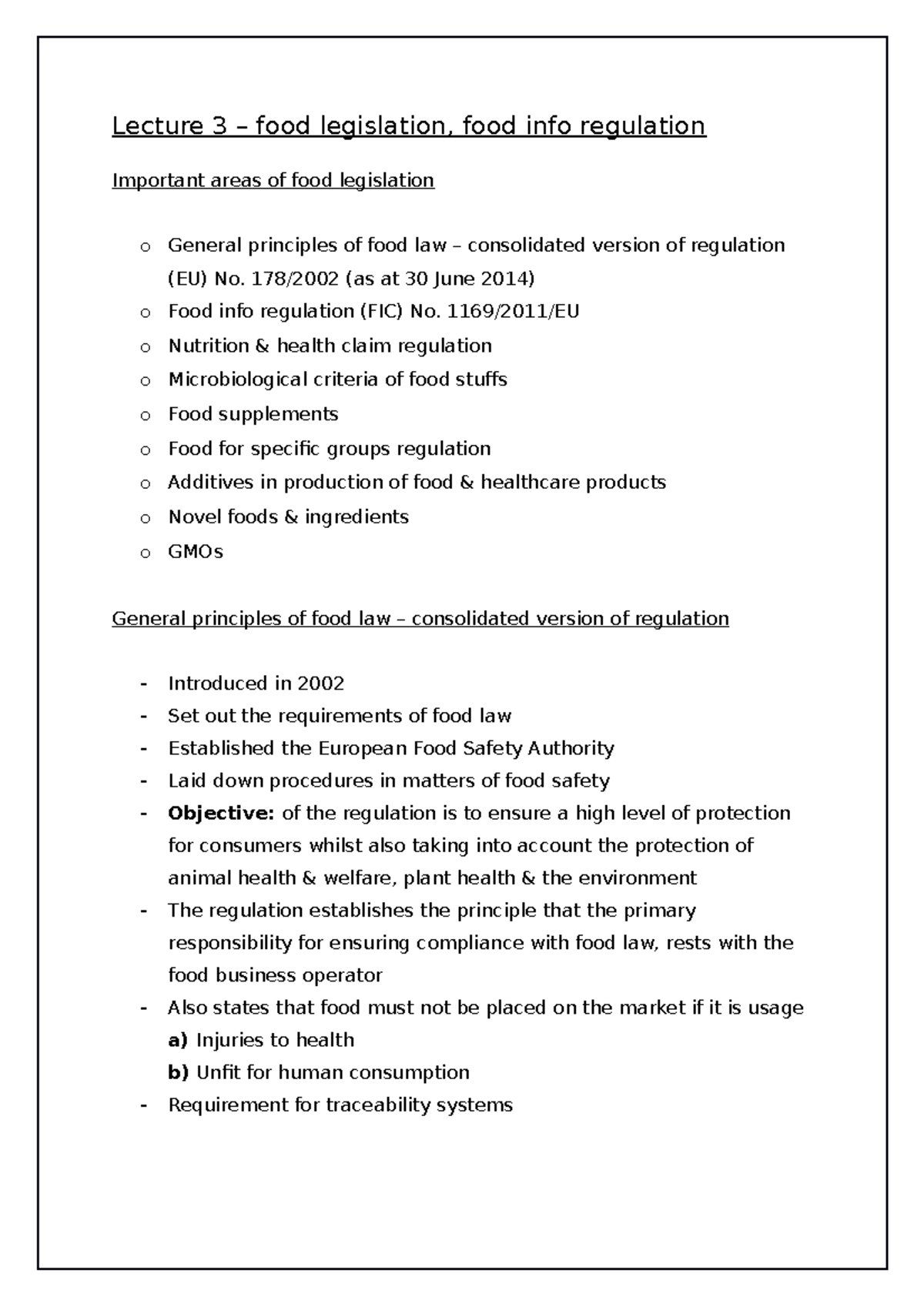 Lecture 3 - Lecture 3 – food legislation, food info regulation ...