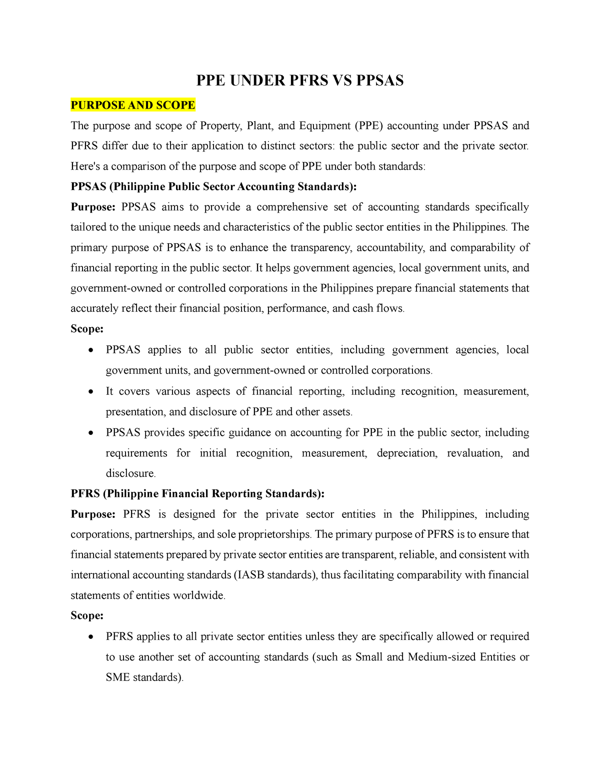 PPE Under PFRS VS Ppsas - PPE UNDER PFRS VS PPSAS PURPOSE AND SCOPE The ...