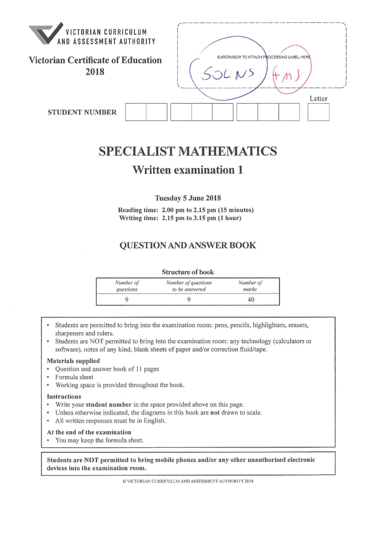 2018 vcaa nht exam 1 solutions by mathexams MAAF319 Studocu