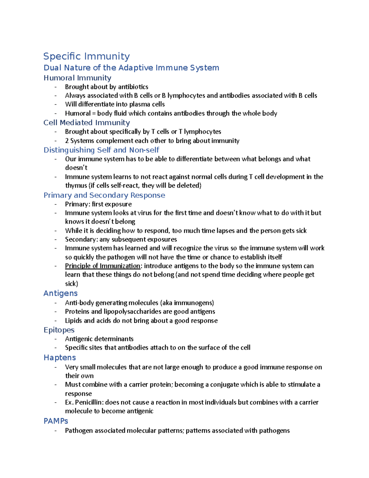 CH 17 Notes - Specific Immunity Dual Nature Of The Adaptive Immune ...