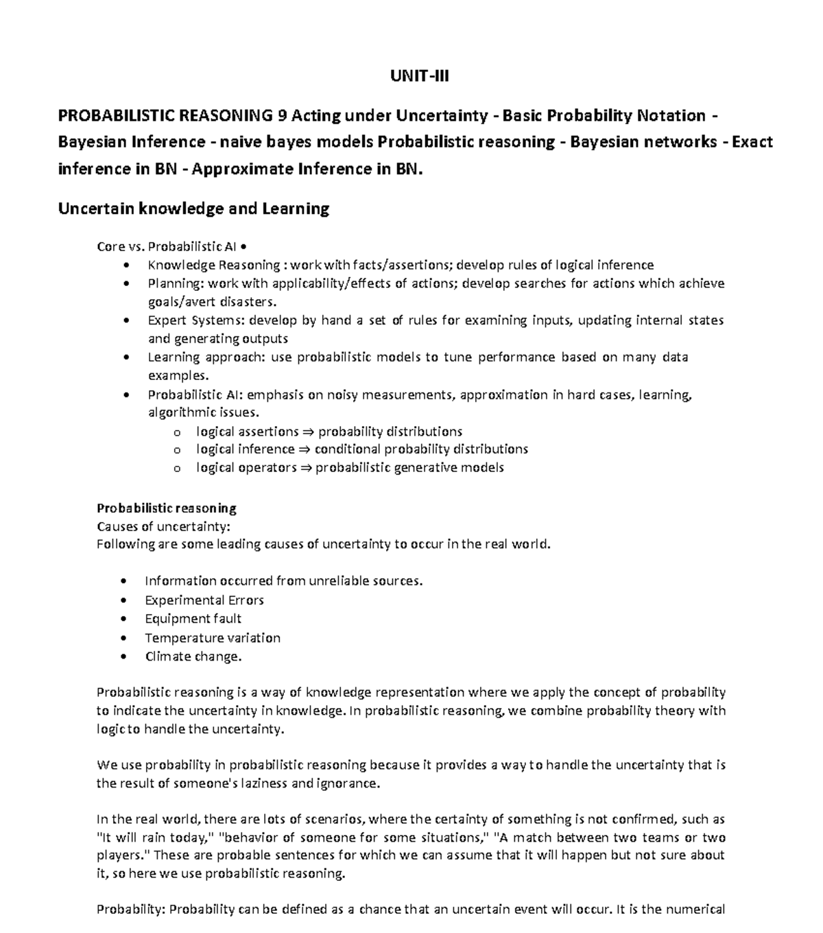 UNIT III Bayesian - Lecture notes - UNIT-III PROBABILISTIC REASONING 9 ...