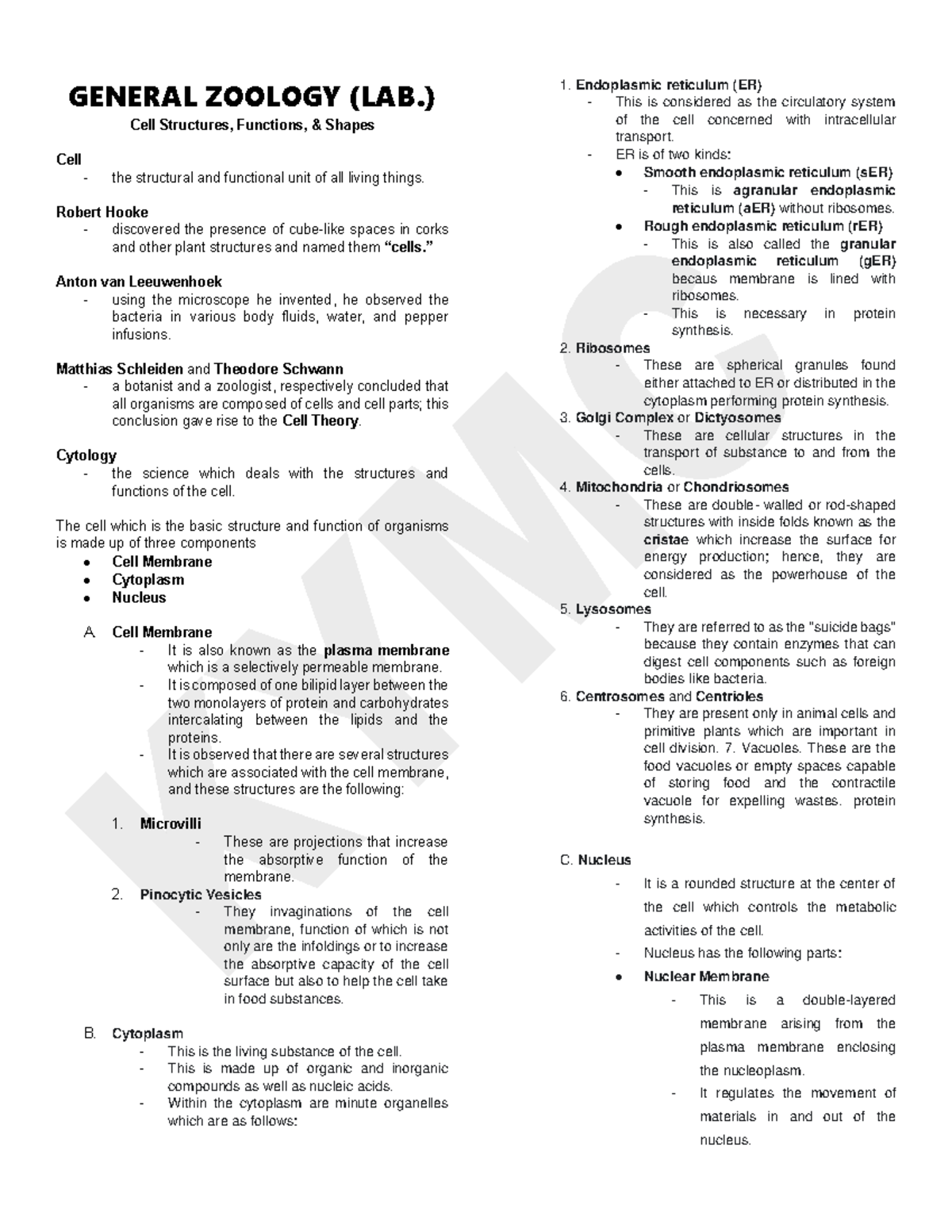 GENZOOLAB reviewer GENERAL ZOOLOGY (LAB.) Cell Structures