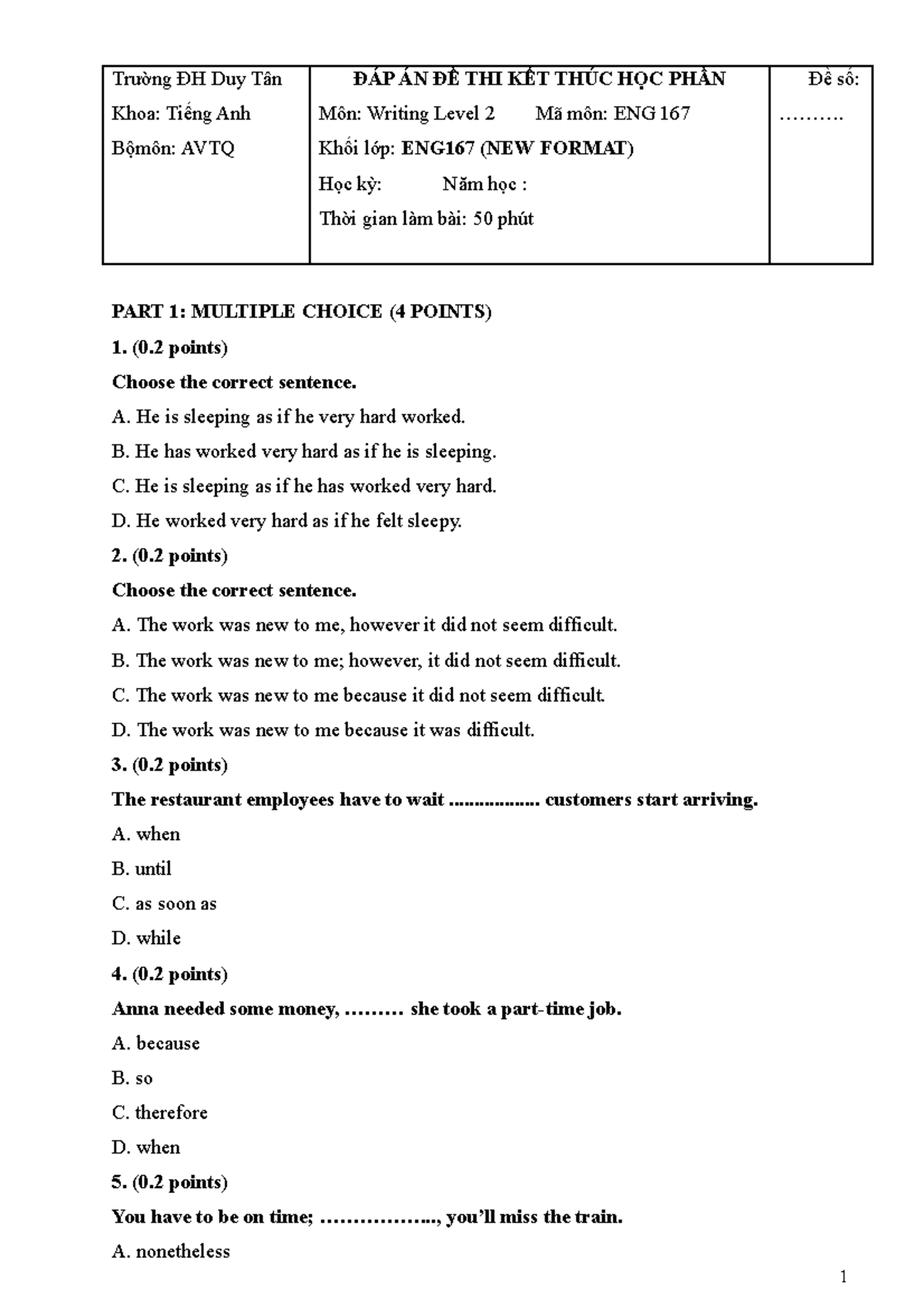 DE NEW Format Final EXAM 167 2023-2024 - Trường ĐH Duy Tân Khoa: Tiếng ...