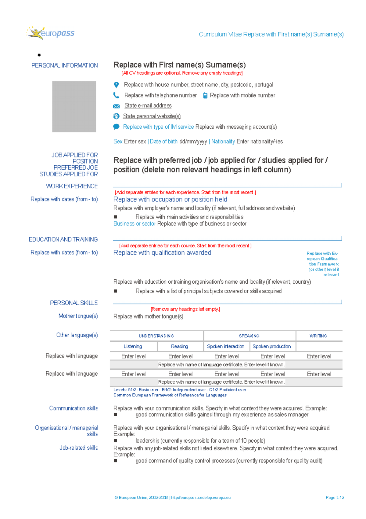 Europass CV template - so pra ter o premium ahah - Curriculum Vitae ...