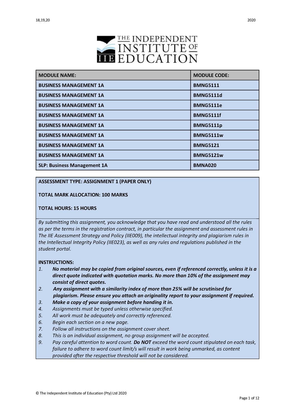 assignments for business management