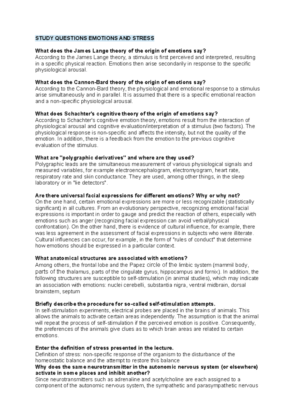 Study questions - Emotions and stress - STUDY QUESTIONS EMOTIONS AND ...