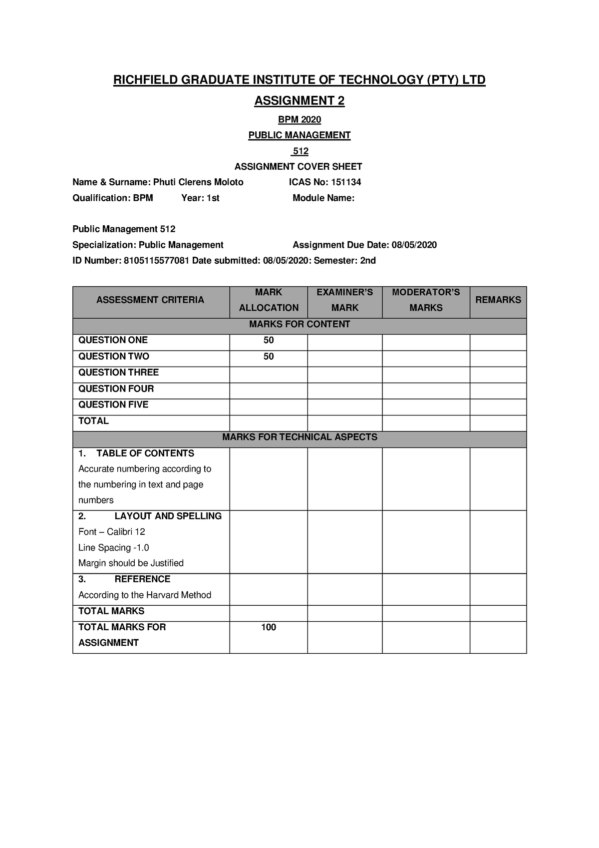 Public Management 512 Final - Richfield Graduate Institute Of 