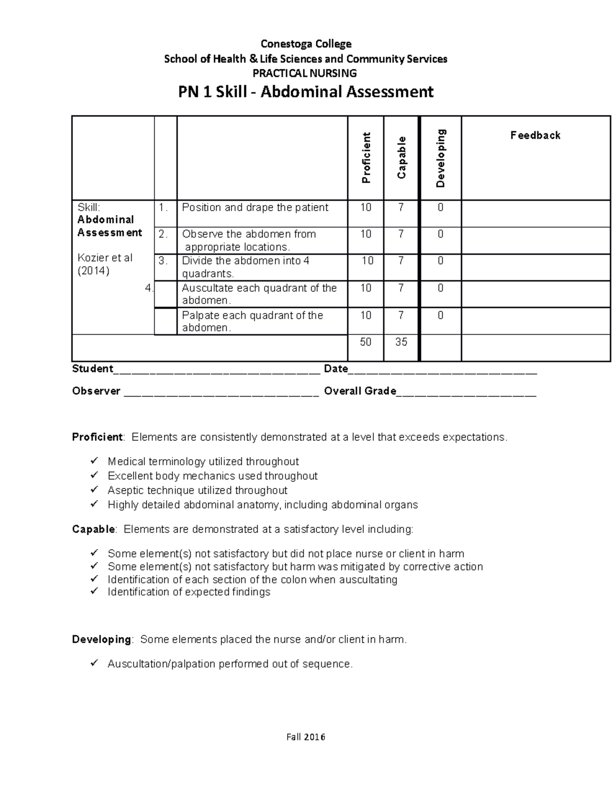 Skills+check+abdominal+f16 - Conestoga College School Of Health & Life 