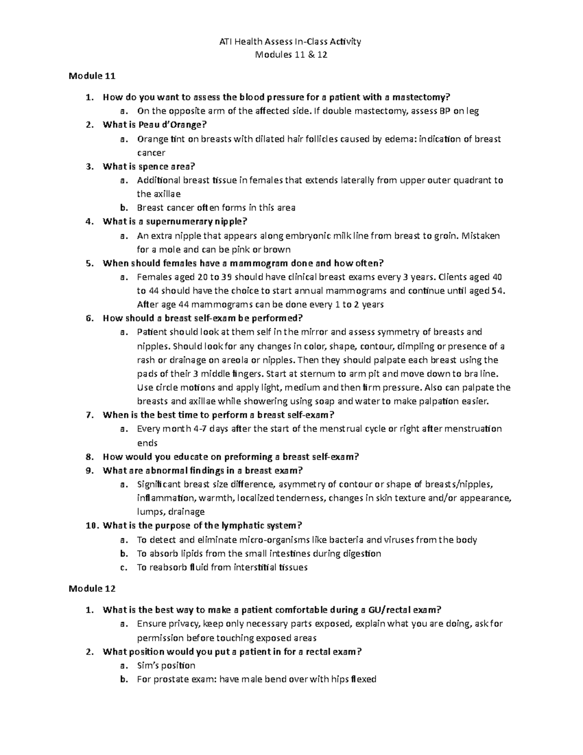 Study guide ATI Health Assess InClass Activity Modules 11 & 12