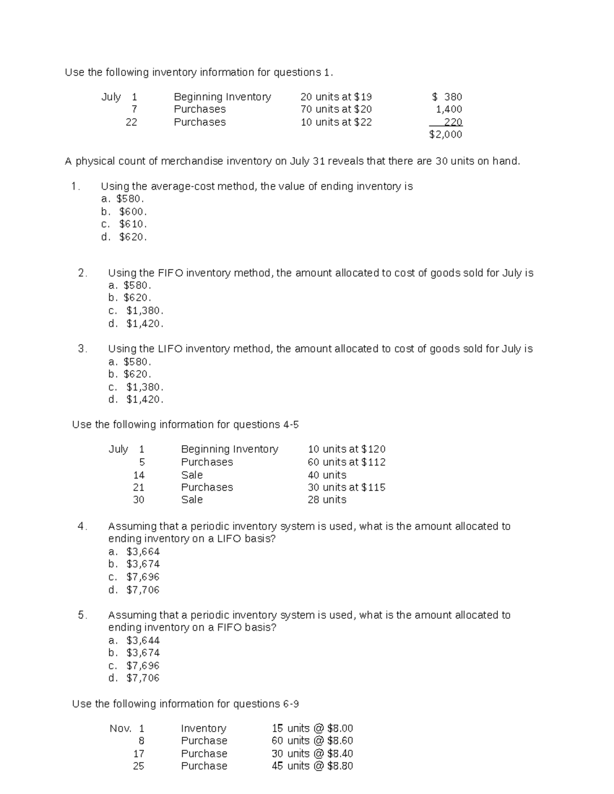 Chapter-6 - Good - Use the following inventory information for ...