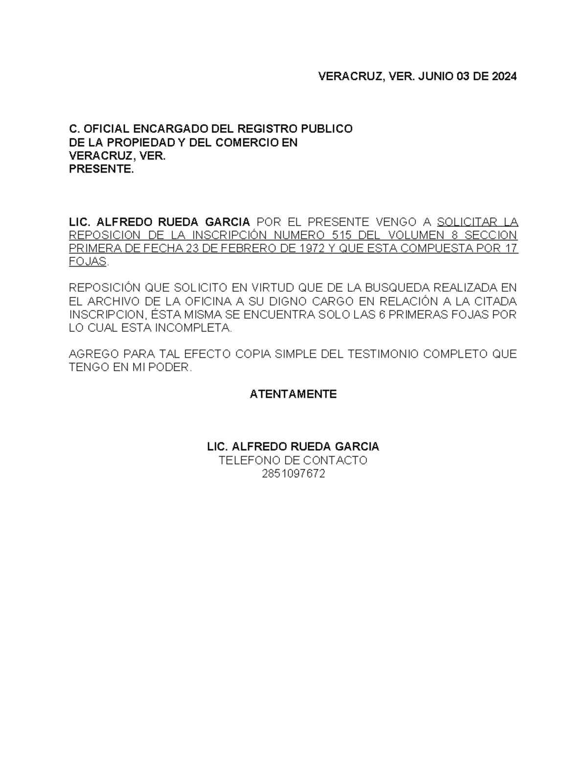 Reposicion DE Testimonio Rppcv} - VERACRUZ, VER. JUNIO 03 DE 2024 C ...