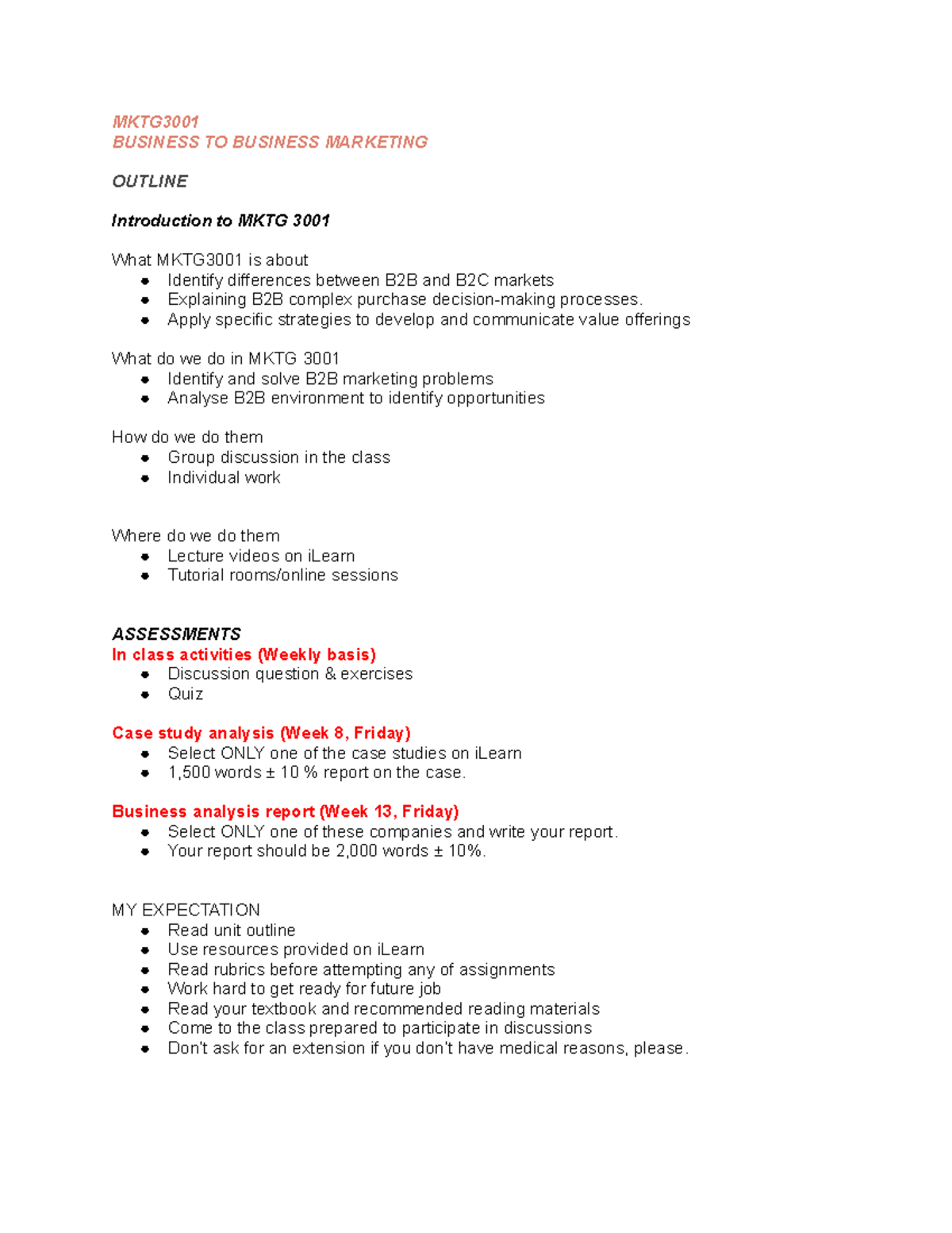 MKTG3001 Notes - MKTG BUSINESS TO BUSINESS MARKETING OUTLINE ...
