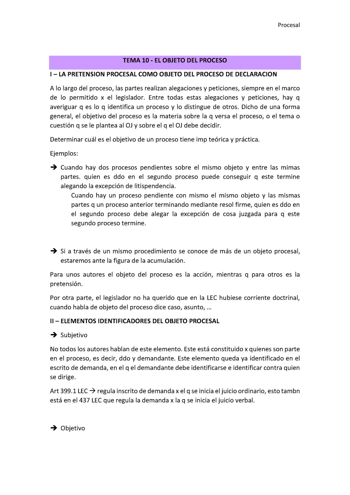 Tema 10 - APUNTES TEMA 10 PROCESAL II - TEMA 10 - EL OBJETO DEL PROCESO ...