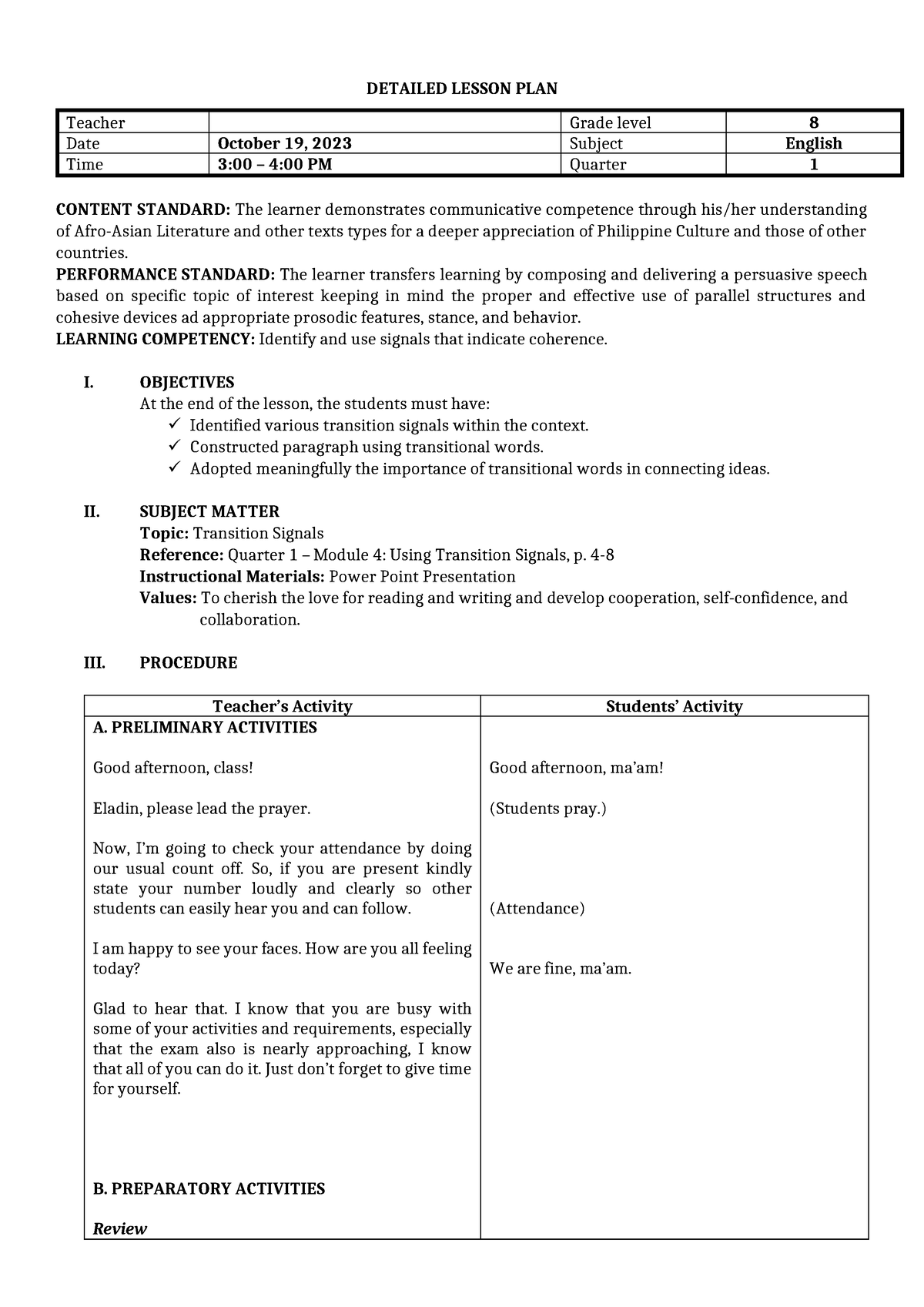 Transition Signals LP - DETAILED LESSON PLAN Teacher Grade level 8 Date ...