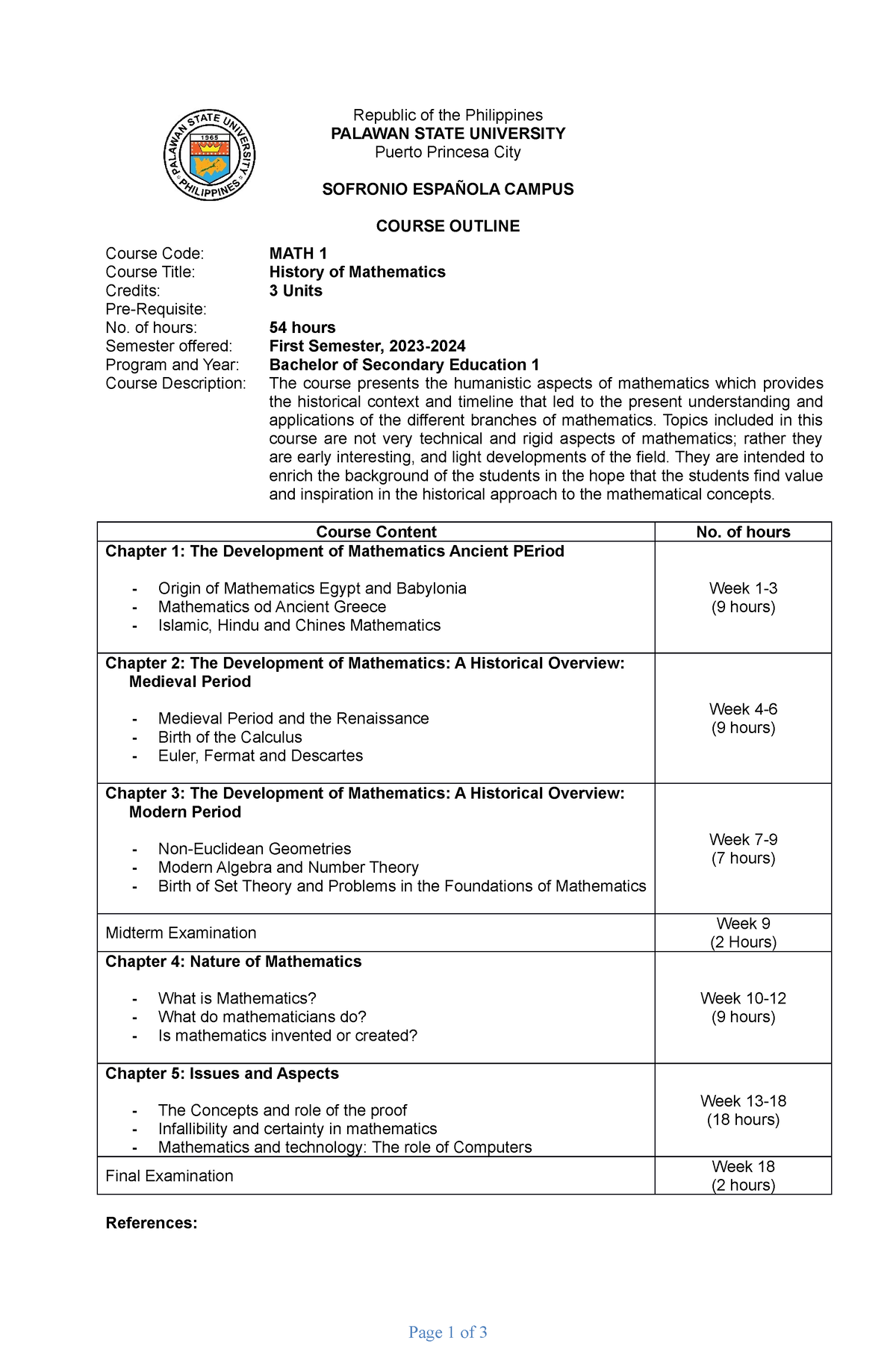 BSEd 1 - Math 1 Course Outline - Republic of the Philippines PALAWAN ...