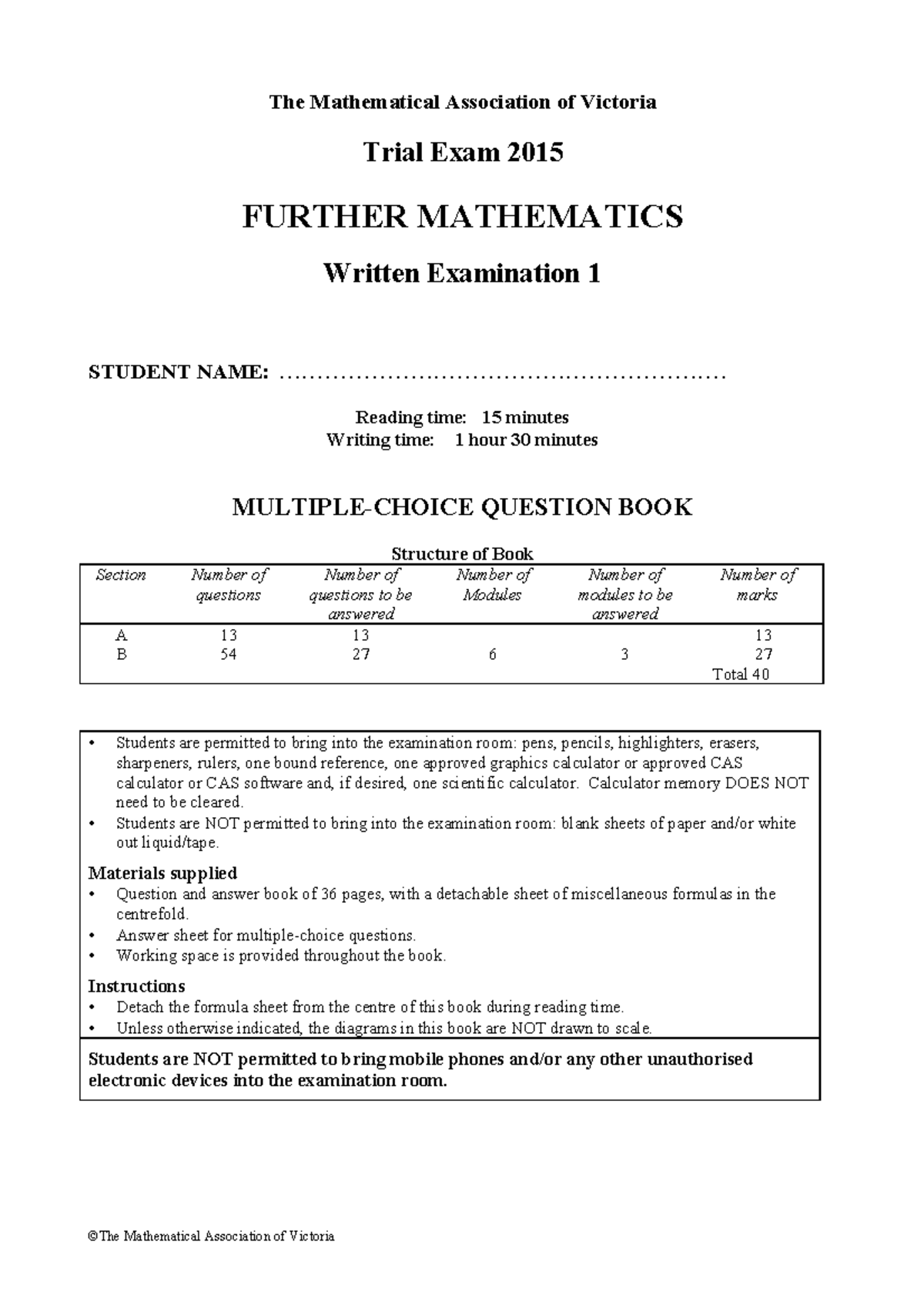 2015 MAV FM Trial Exam 1 - Further maths practice exams that will help ...