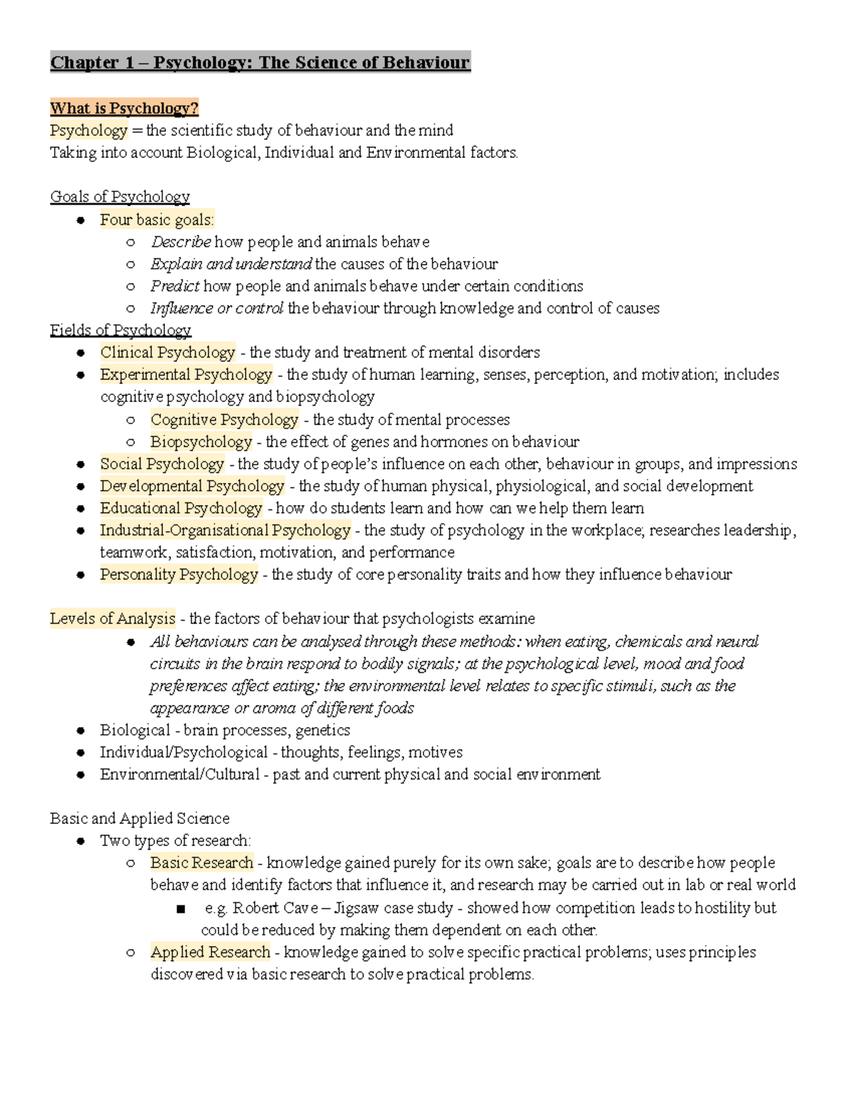 Psychology 1002 Final Exam Notes - Chapter 1 – Psychology: The Science ...