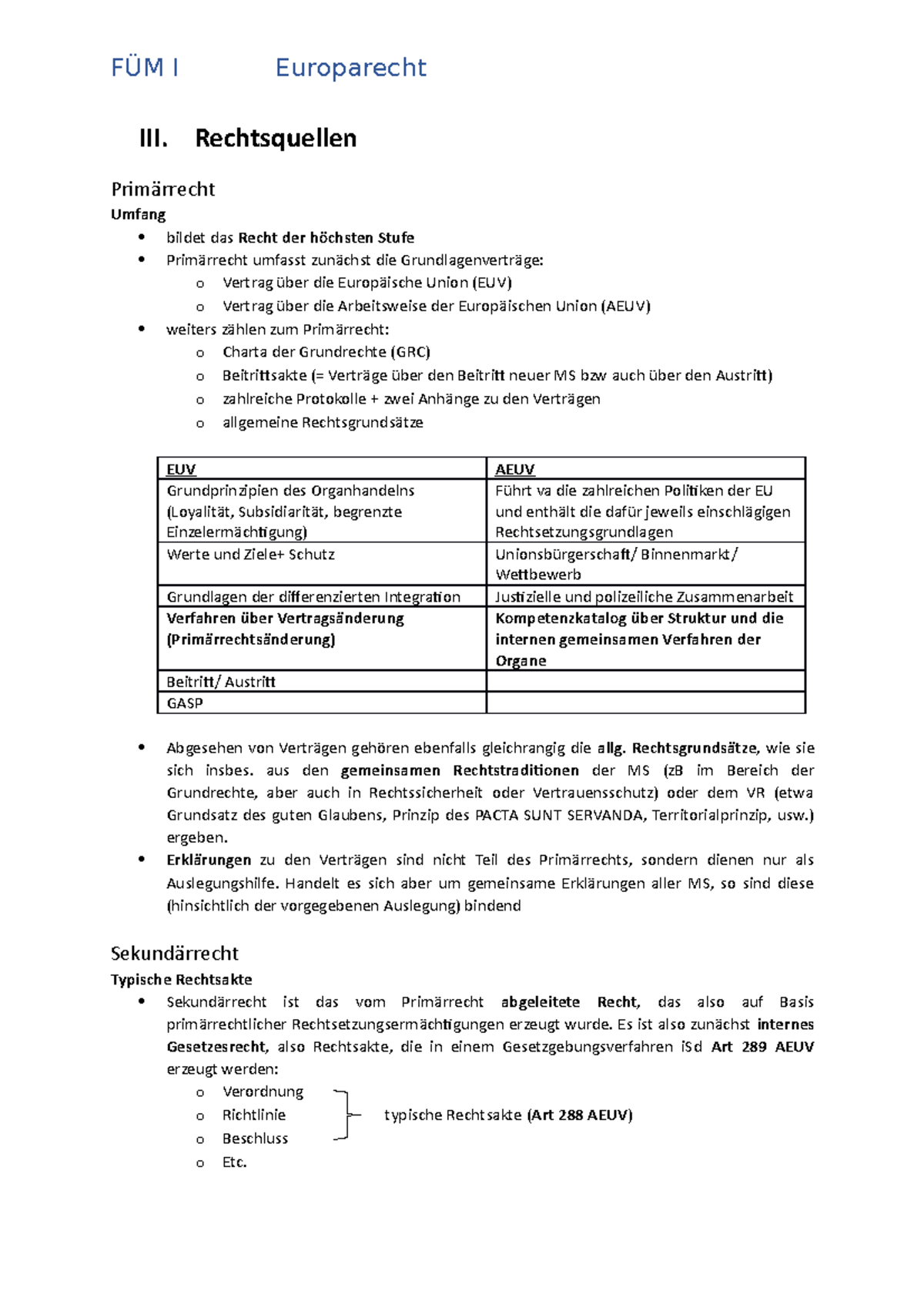Europarecht - Summary (Kapitel 3) - III. Rechtsquellen Primärrecht ...