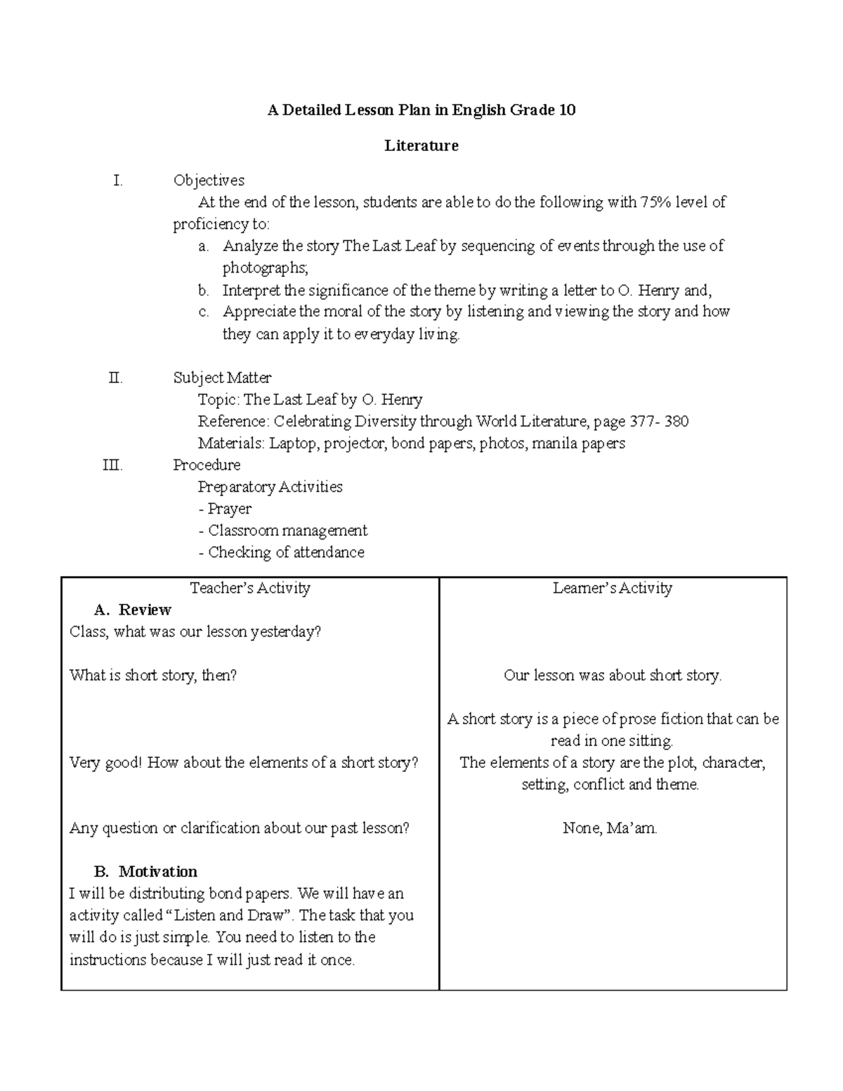 Detailed-LP-LIT as the practice of the assessment - A Detailed Lesson ...