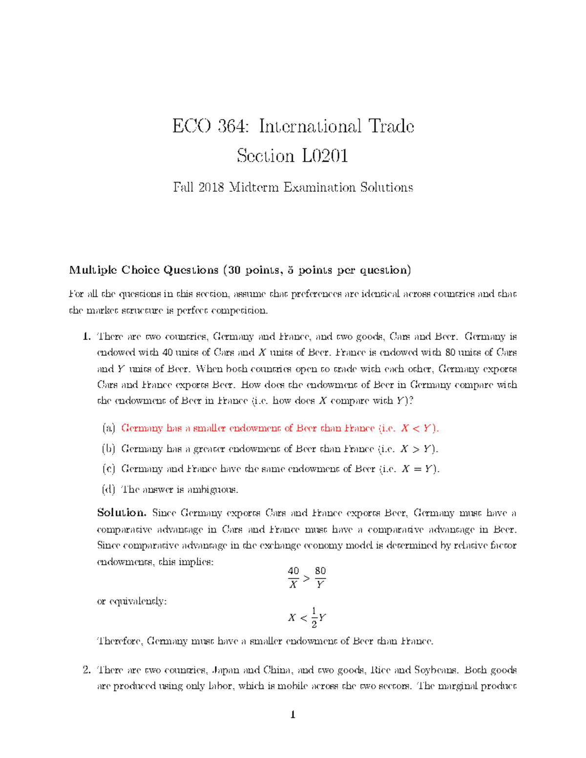 ECO364 F18 L0201 Midterm Solutions - ECO 364: International Trade ...