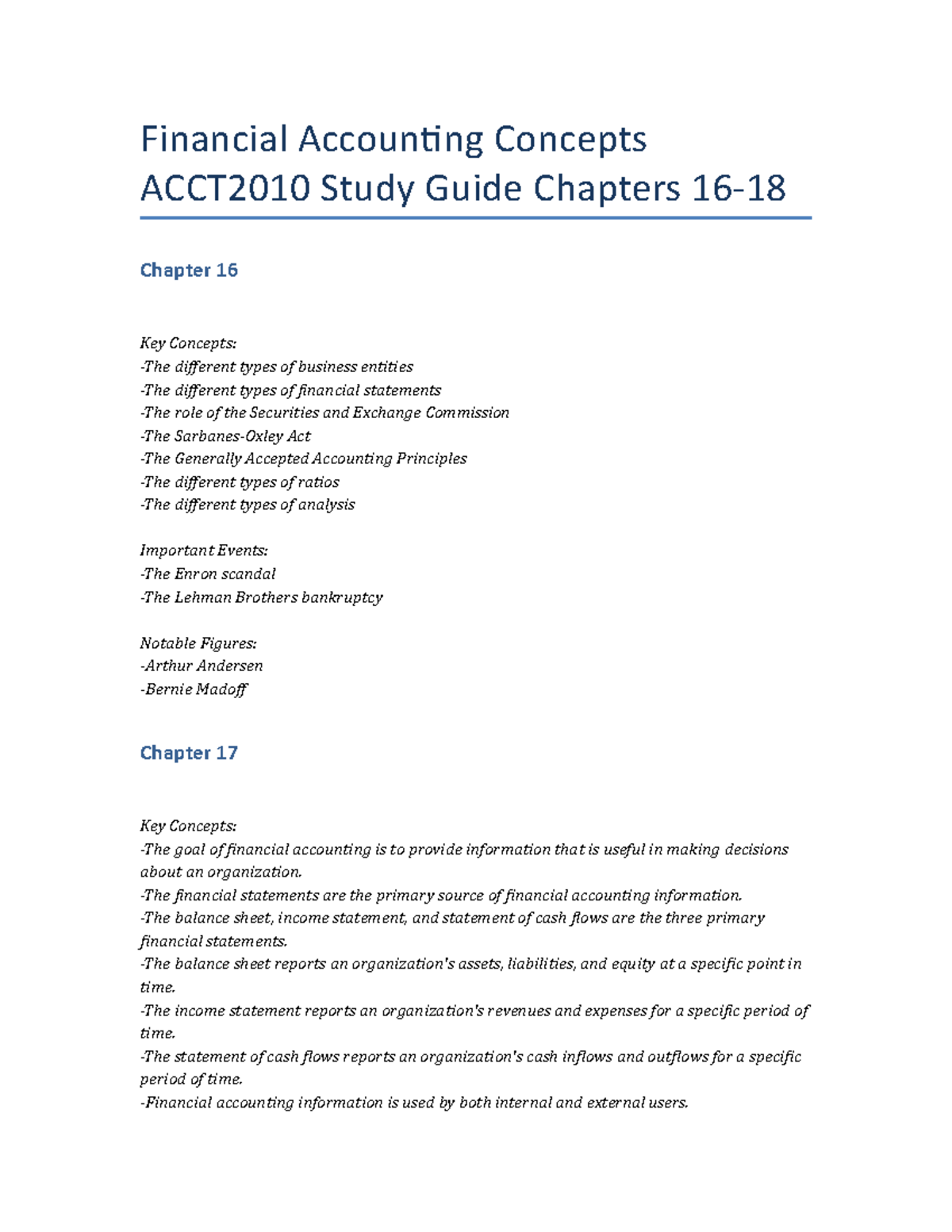 Financial Accounting Concepts ACCT2010 Study Guide Chapters 16-18 ...