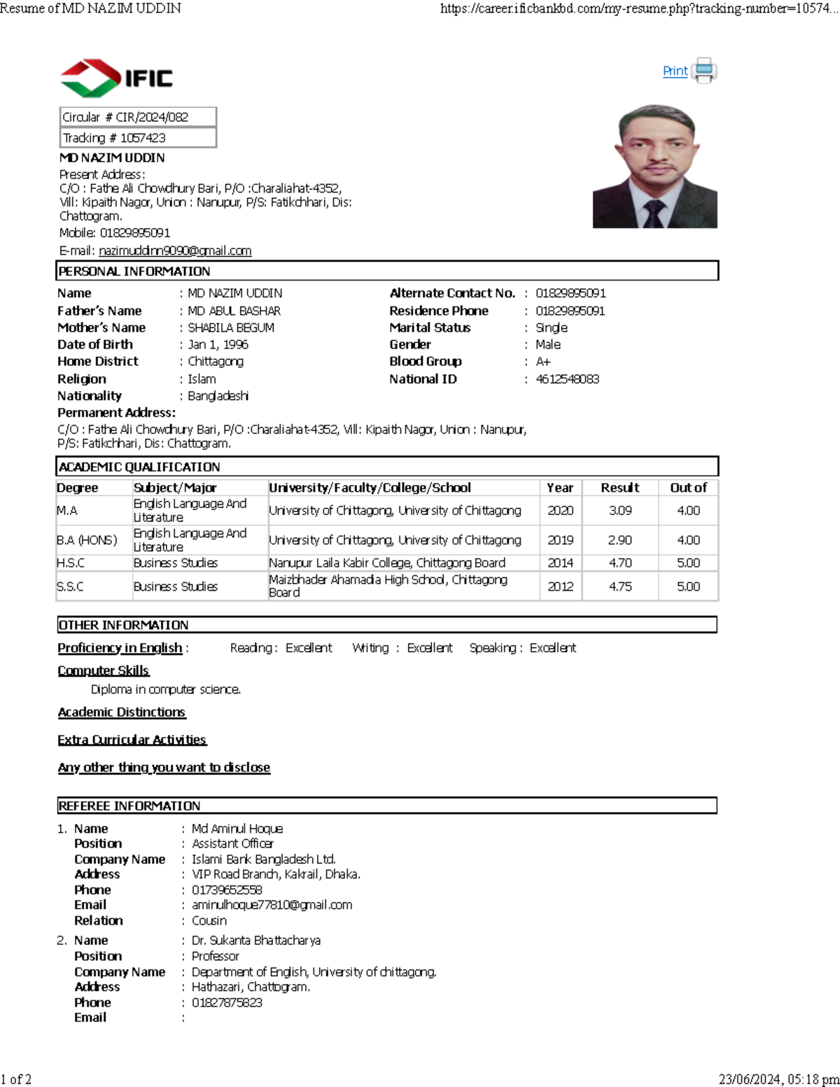 Resume of MD Nazim Uddin - Print Circular # CIR/2024/ Tracking ...