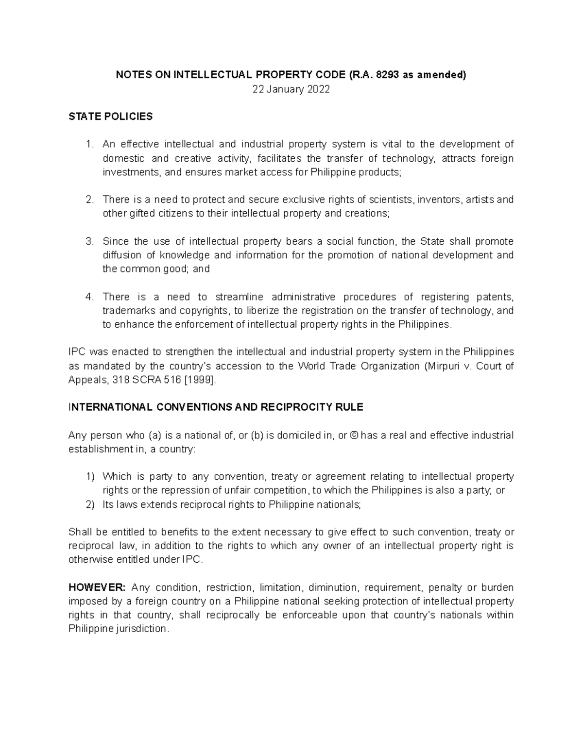 Intellectual Property CODE (R.A. No. 8293 as amended) 31 January 2023 NOTES ON INTELLECTUAL