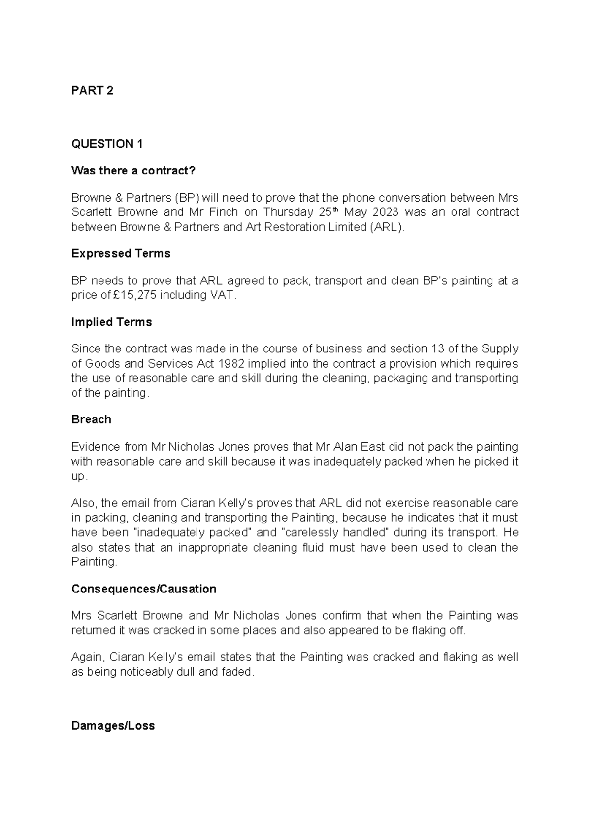 Dispute Resolution MOCK - PART 2 QUESTION 1 Was there a contract ...