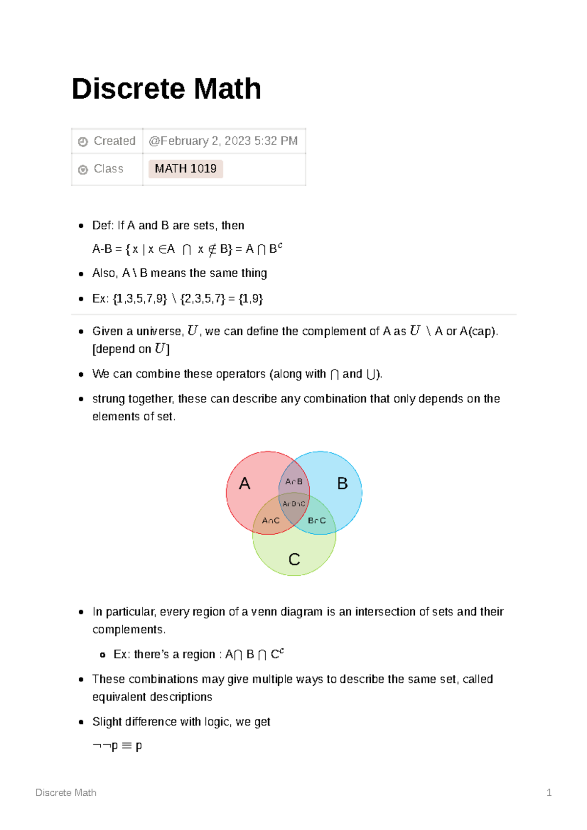 Discrete Math Notes - Discrete Math Created Class MATH 1019 Def: If A ...