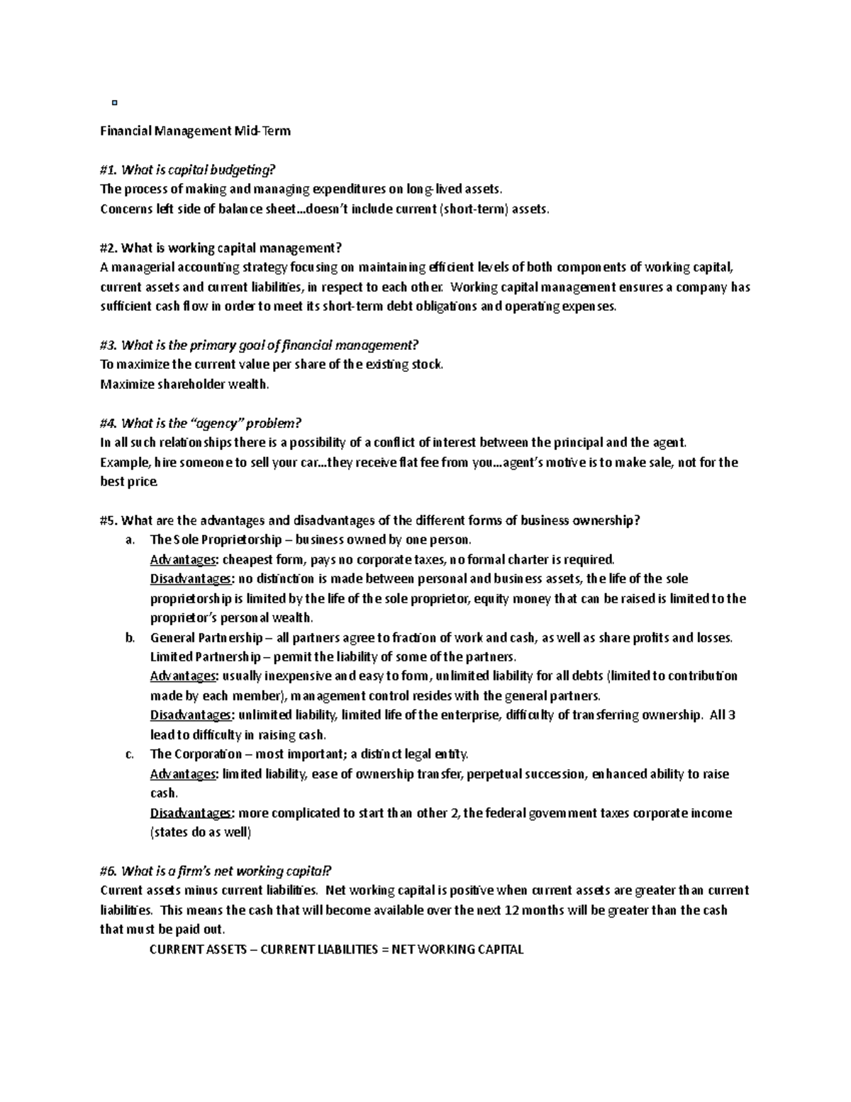 Finance Midterm 2 - Practice Test - Financial Management Mid-Term #1 ...