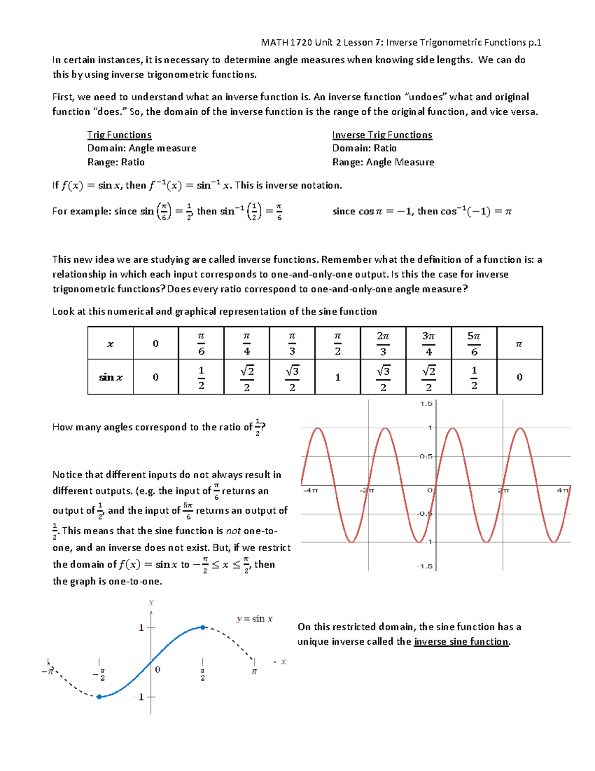 PreCal Trig 1720 Unit 2.7 Inverse Trigonometric Functions - In certain ...