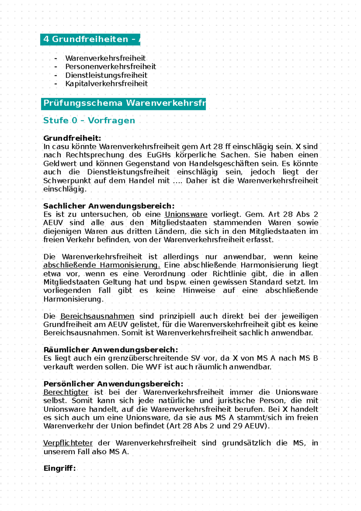 Prüfungsschema Warenverkehrsfreiheit Grundfreiheiten - 4 Grundfreiheiten – Art 26 AEUV - Studocu