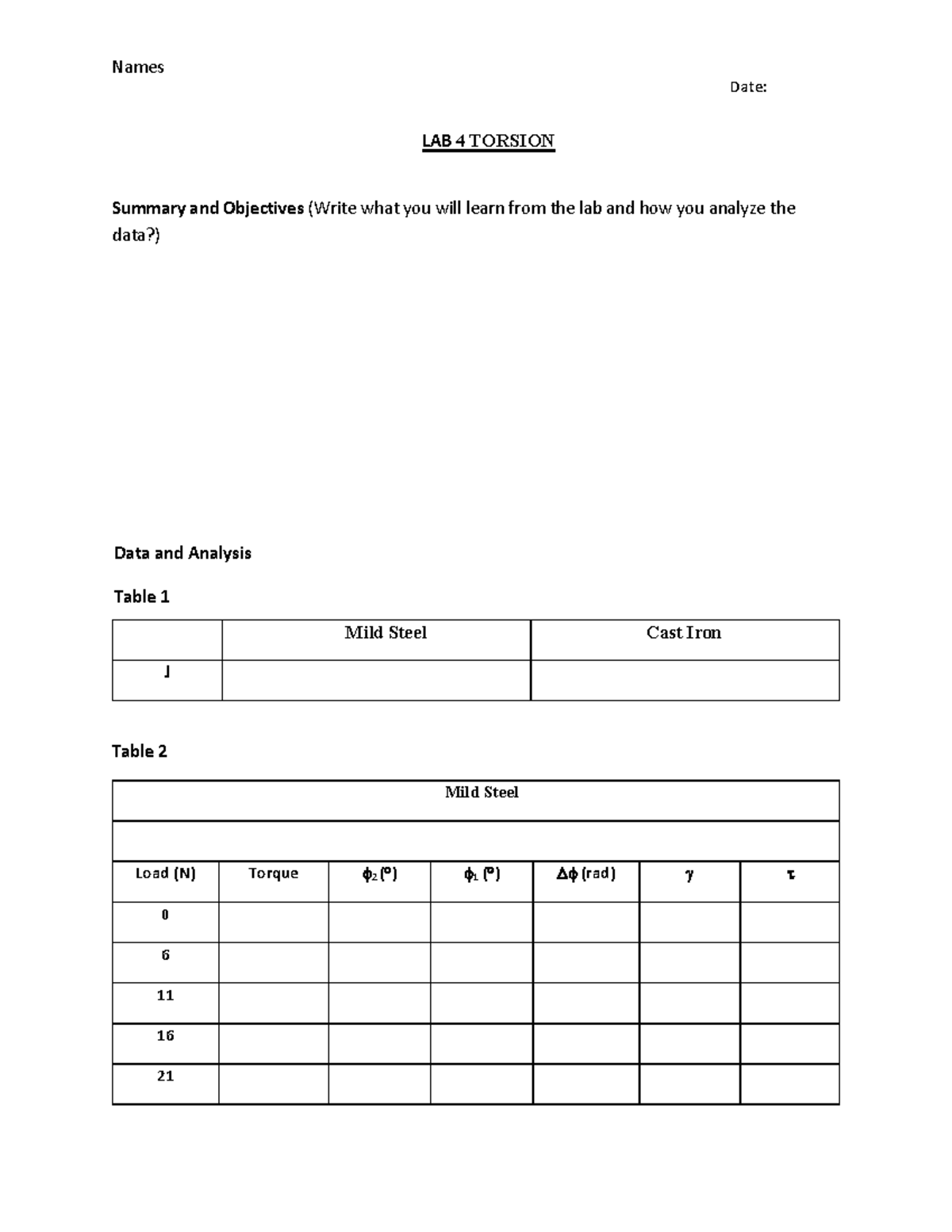 Lab 3 Report Template - Torsion Test Laboratory Manual For Mechanics Of ...