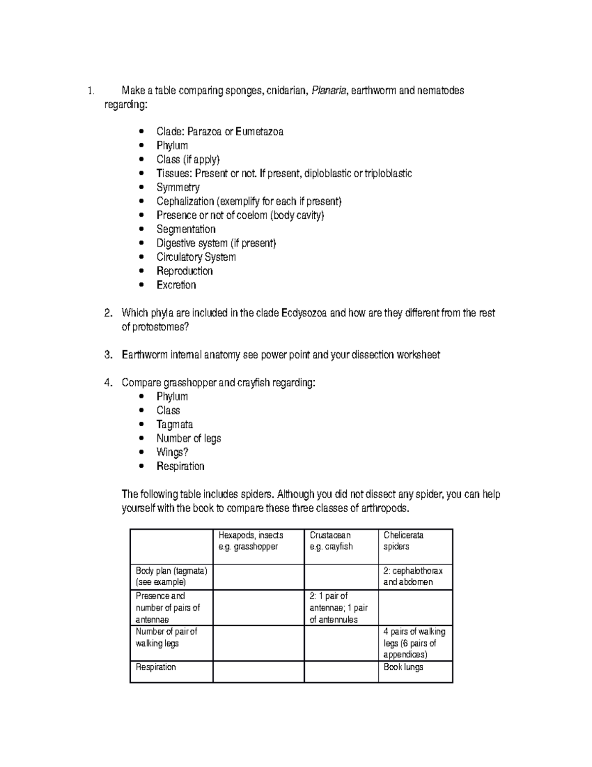 Exercises Animals I-IV(1) lab - Make a table comparing ...