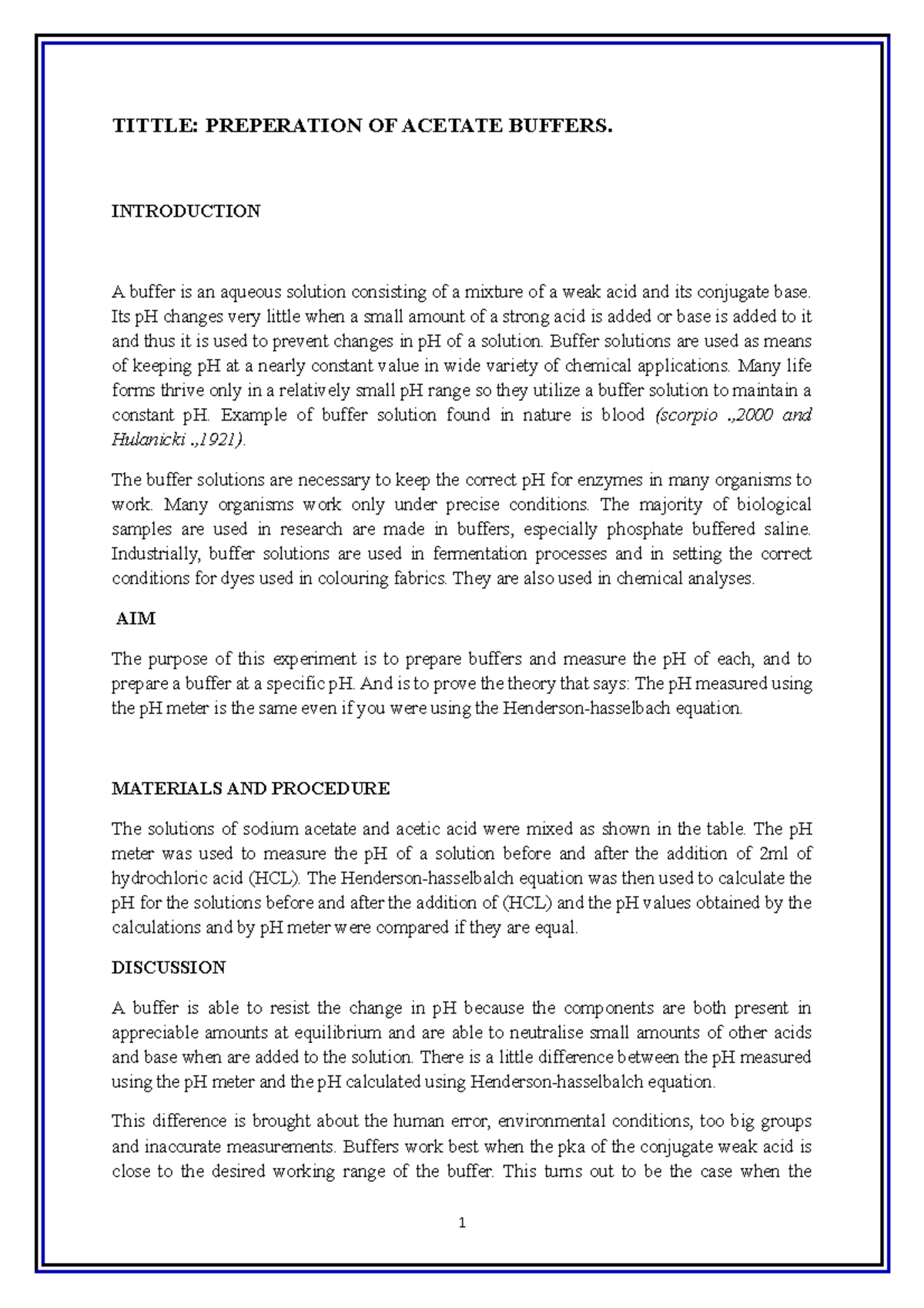 BCH 214 Preperation OF Acetate Buffers TITTLE PREPERATION OF ACETATE