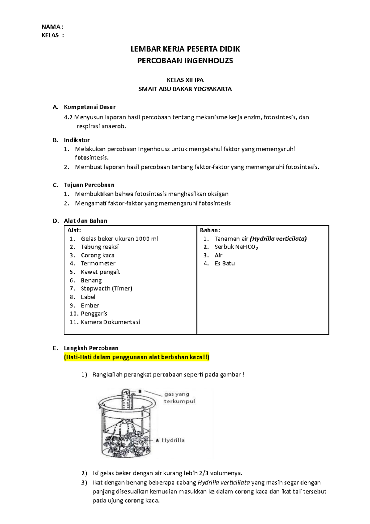 LKPD Percobaan Ingenhouzs - KELAS : LEMBAR KERJA PESERTA DIDIK ...