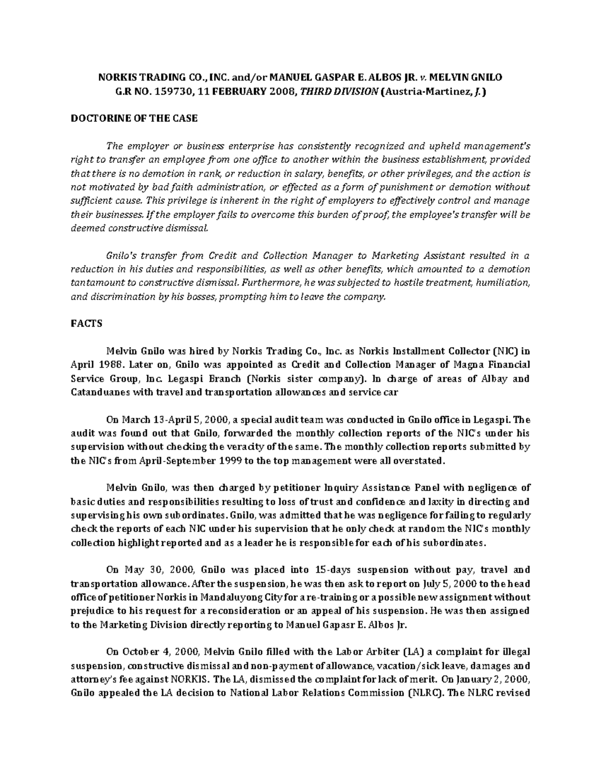 G.R NO. 159730 CASE Digest NORKIS TRADING CO., INC. and/or MANUEL