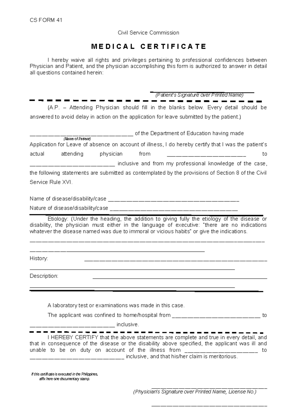 Medical Certificate (form 41) - CS FORM 41 Civil Service Commission M E ...