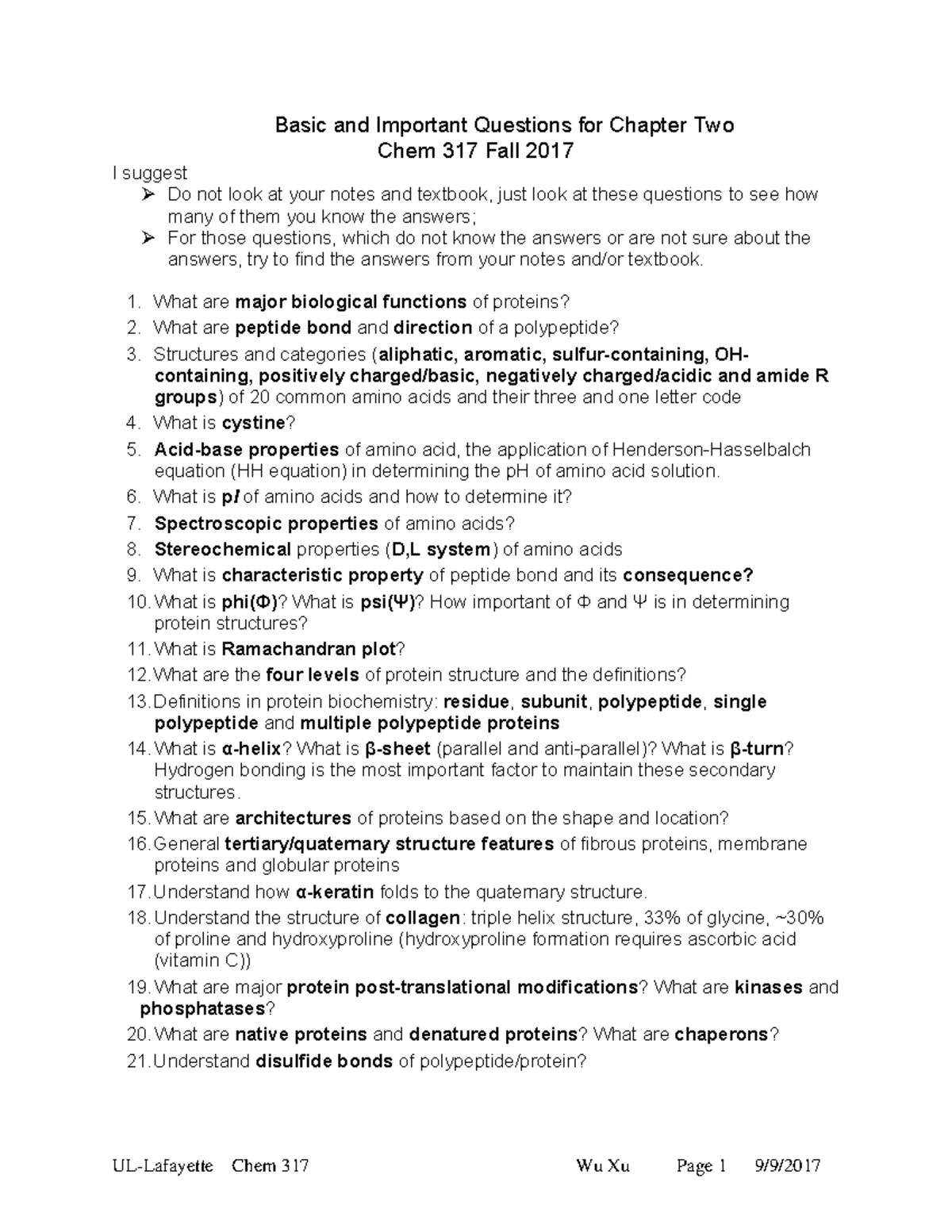 Study Guide Chapter 2 Chem 317 Fall 2017 - UL-Lafayette Chem 317 Wu Xu ...