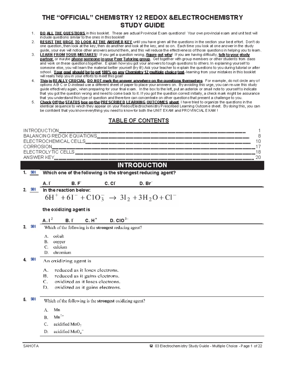 Electrochem multiple choice package - THE ìOFFICIALî CHEMISTRY 12 REDOX ...