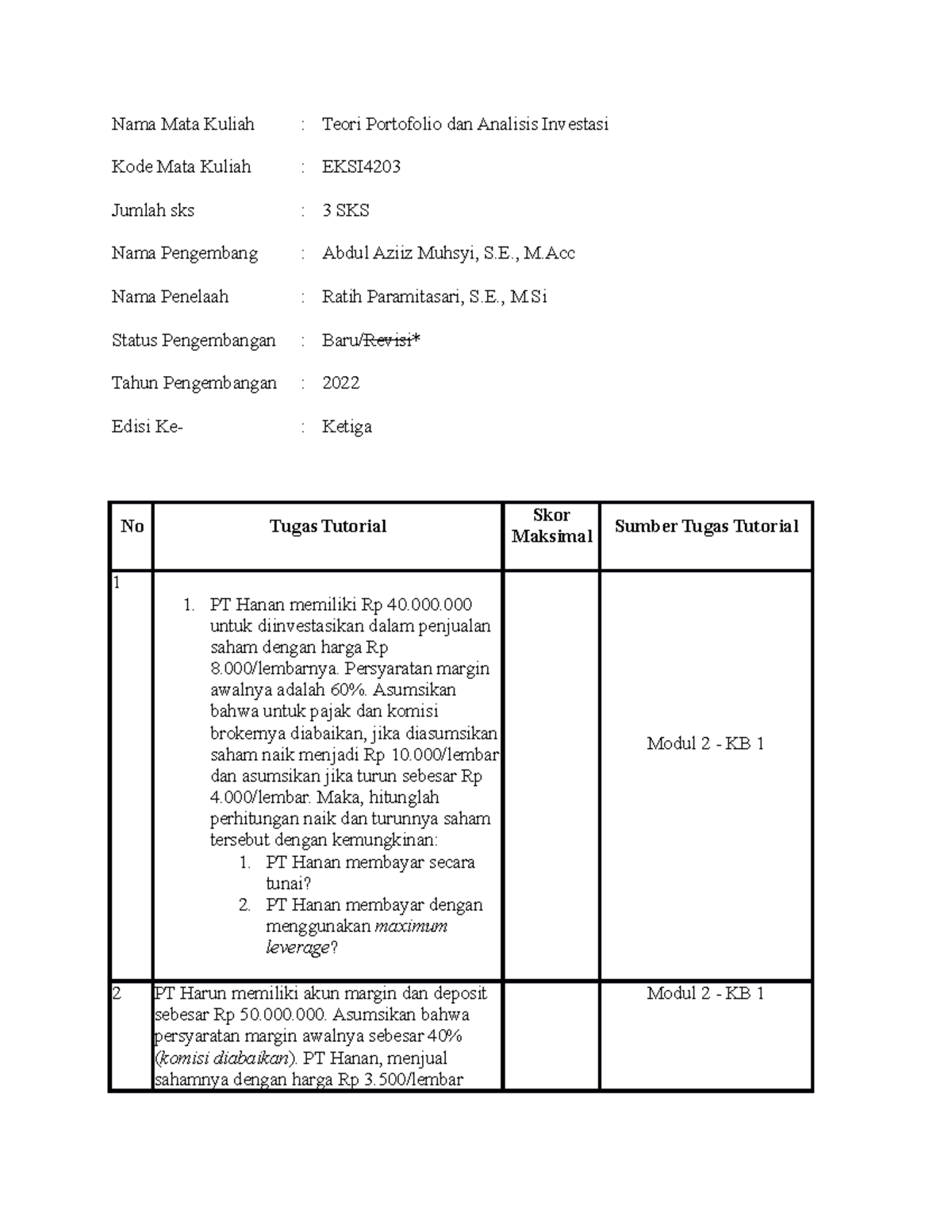 Jawaban Tugas 1 Teori Portofolio & Analisis Investasi - Nama Mata ...