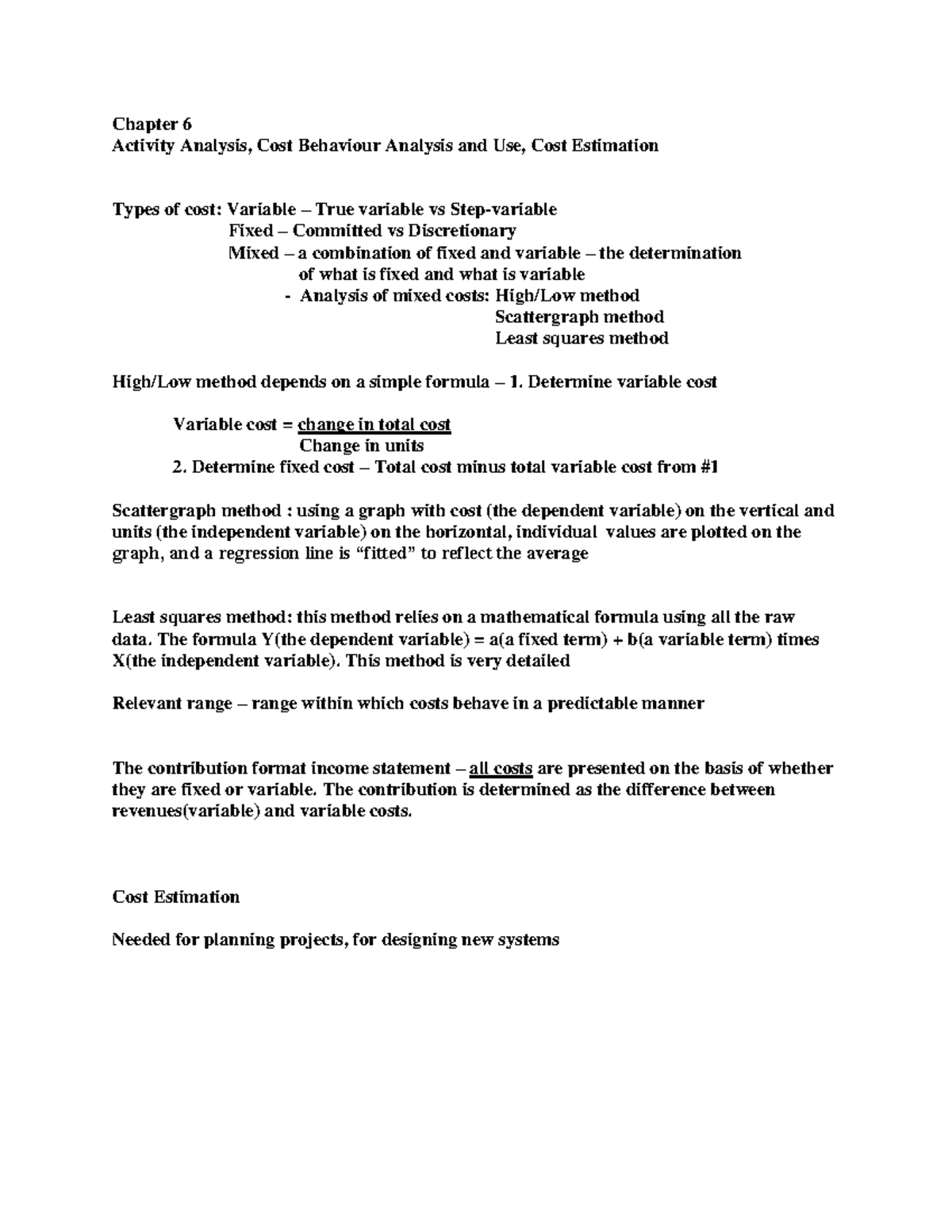CH 6 Notes - Chapter 6 Activity Analysis, Cost Behaviour Analysis and ...