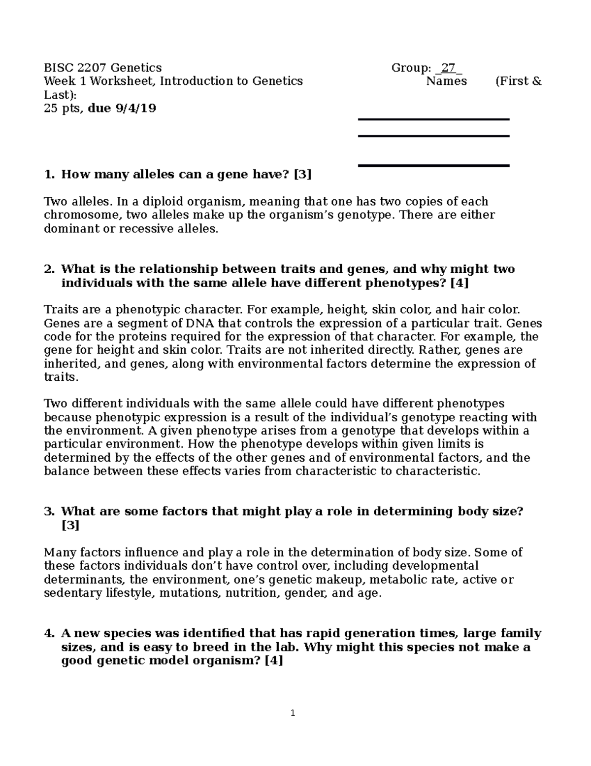 Genetics Worksheet 1 - BISC 2207 Genetics Group: 27 Week 1 Worksheet ...
