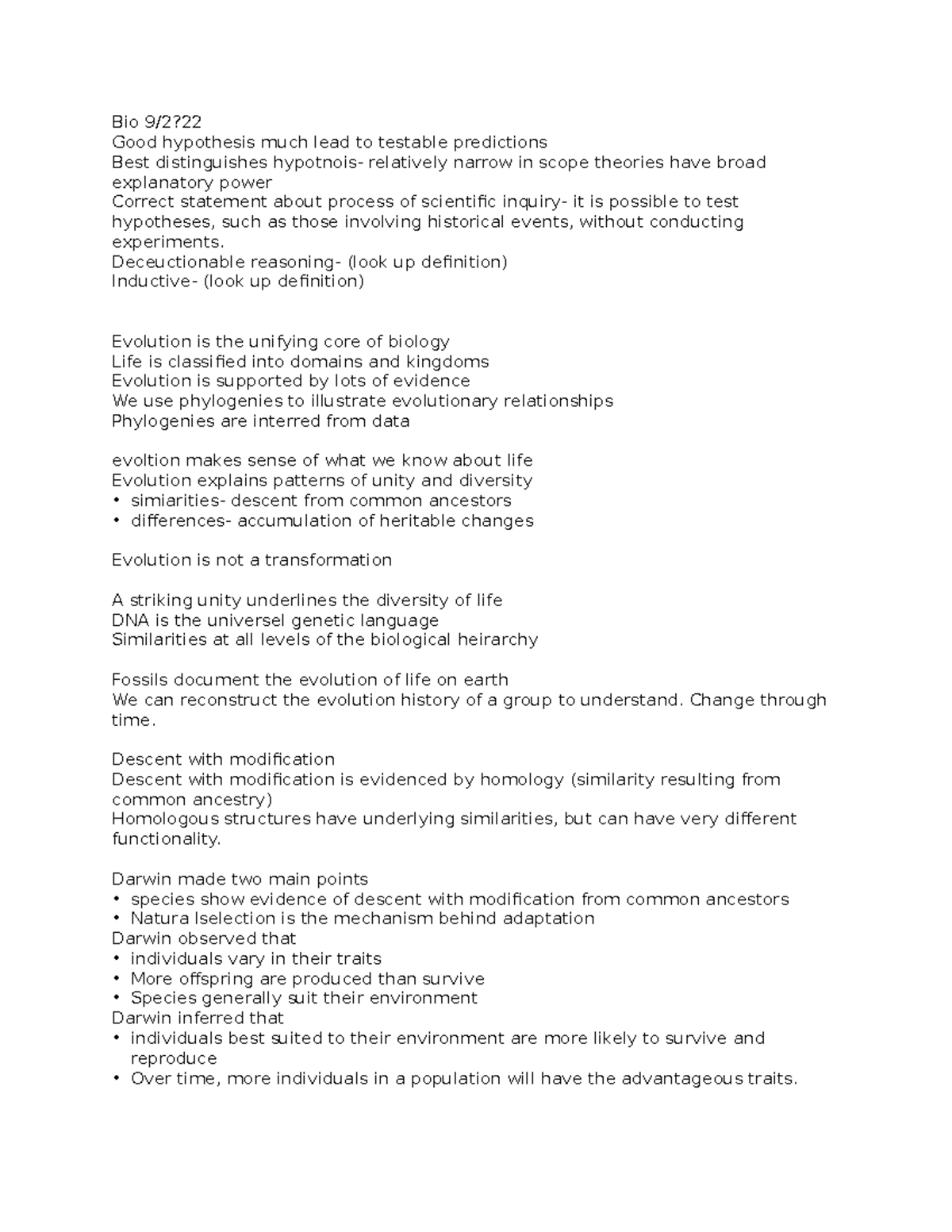 Bio 110 1 - general bio notes - Bio 9/2? Good hypothesis much lead to ...