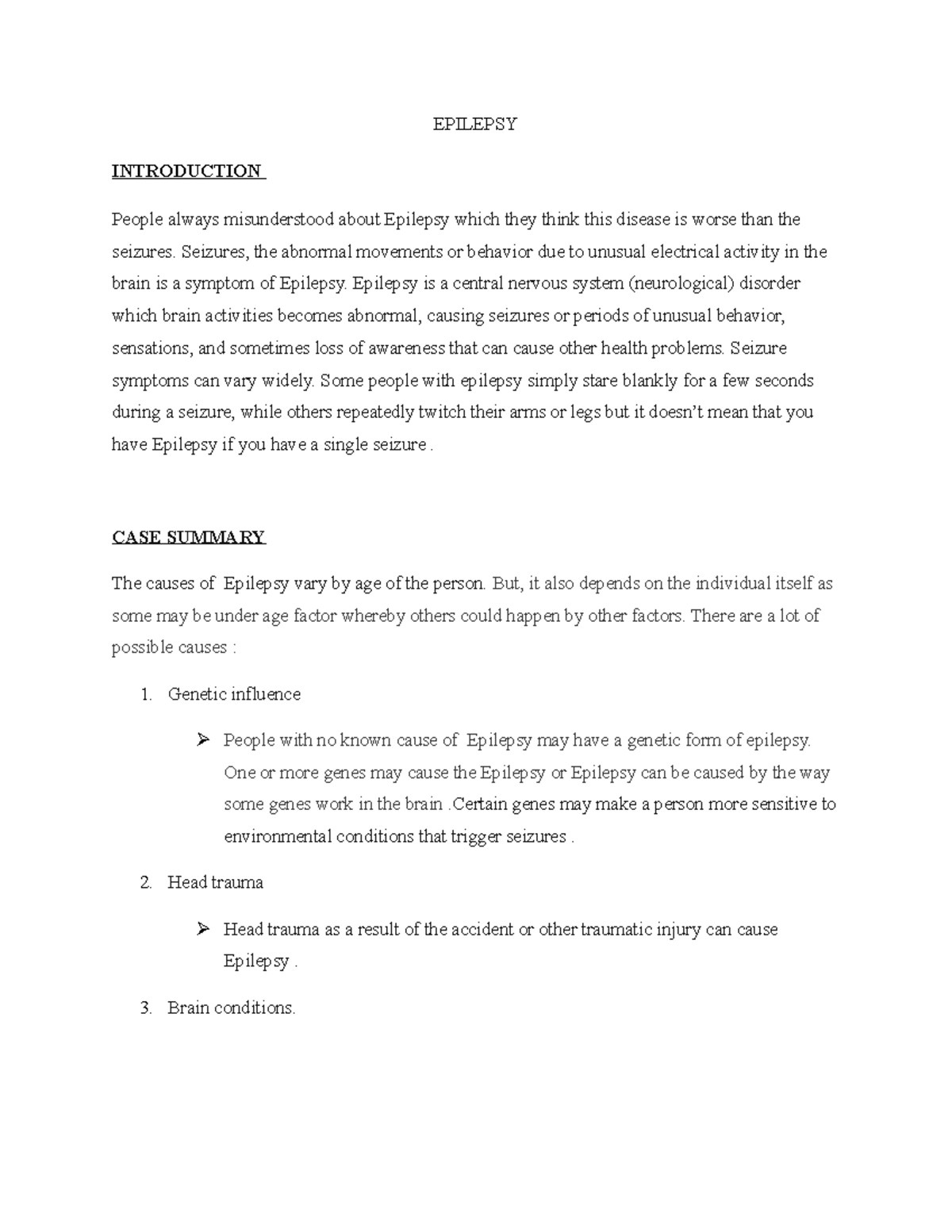 BIO 122 CASE STUDY ON EPILEPSY (PART 1) - EPILEPSY INTRODUCTION People ...