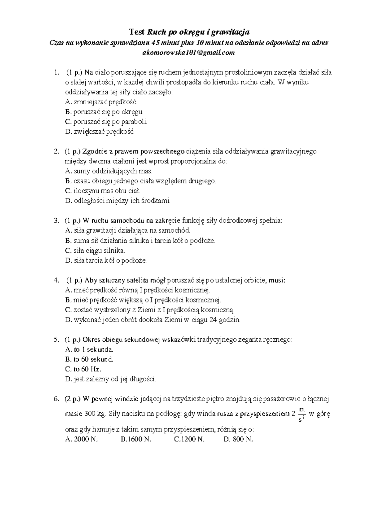 Test ruch po okręgu i grawitacja - Test Ruch po okręgu i grawitacja