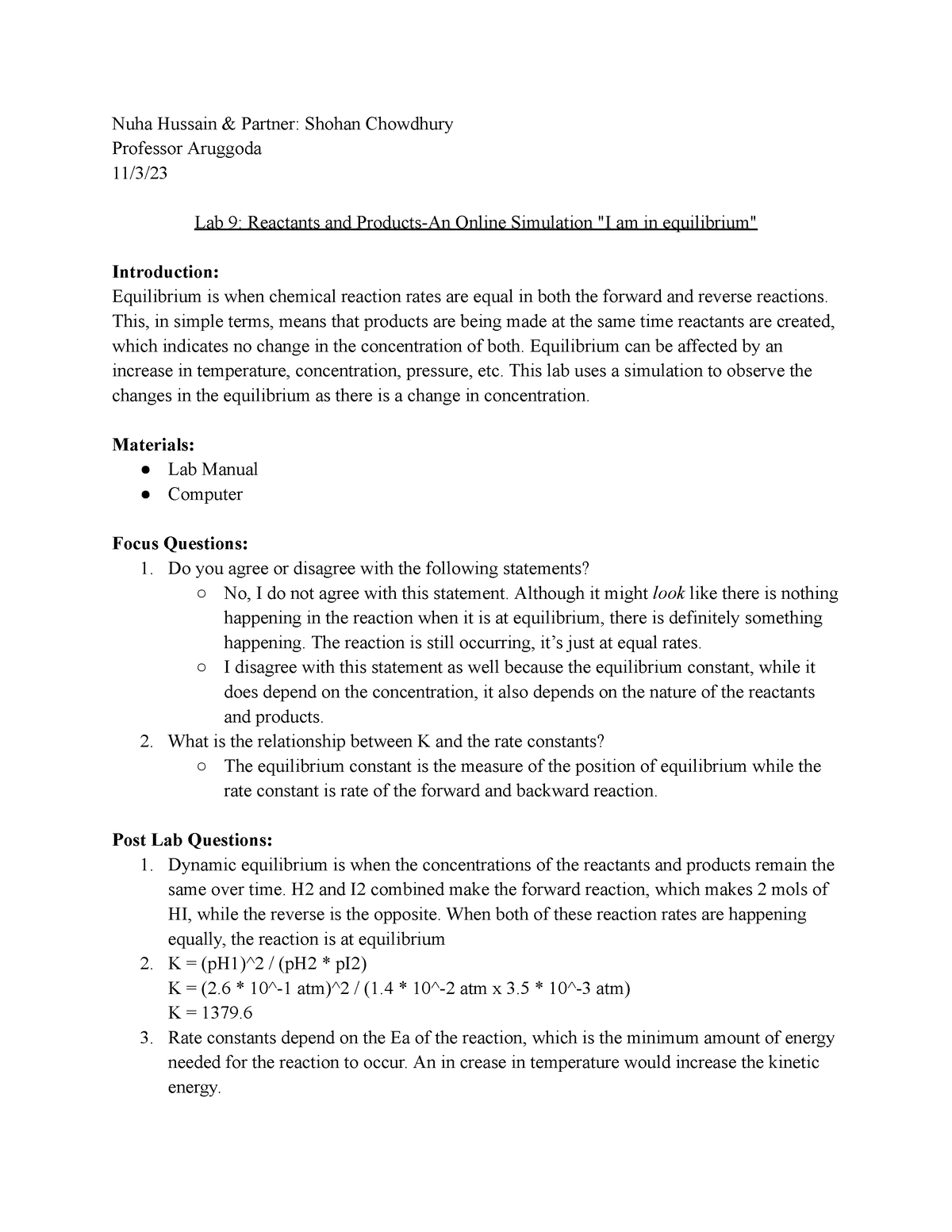 Chem lab 9 - chem lab 9 - Nuha Hussain & Partner: Shohan Chowdhury ...